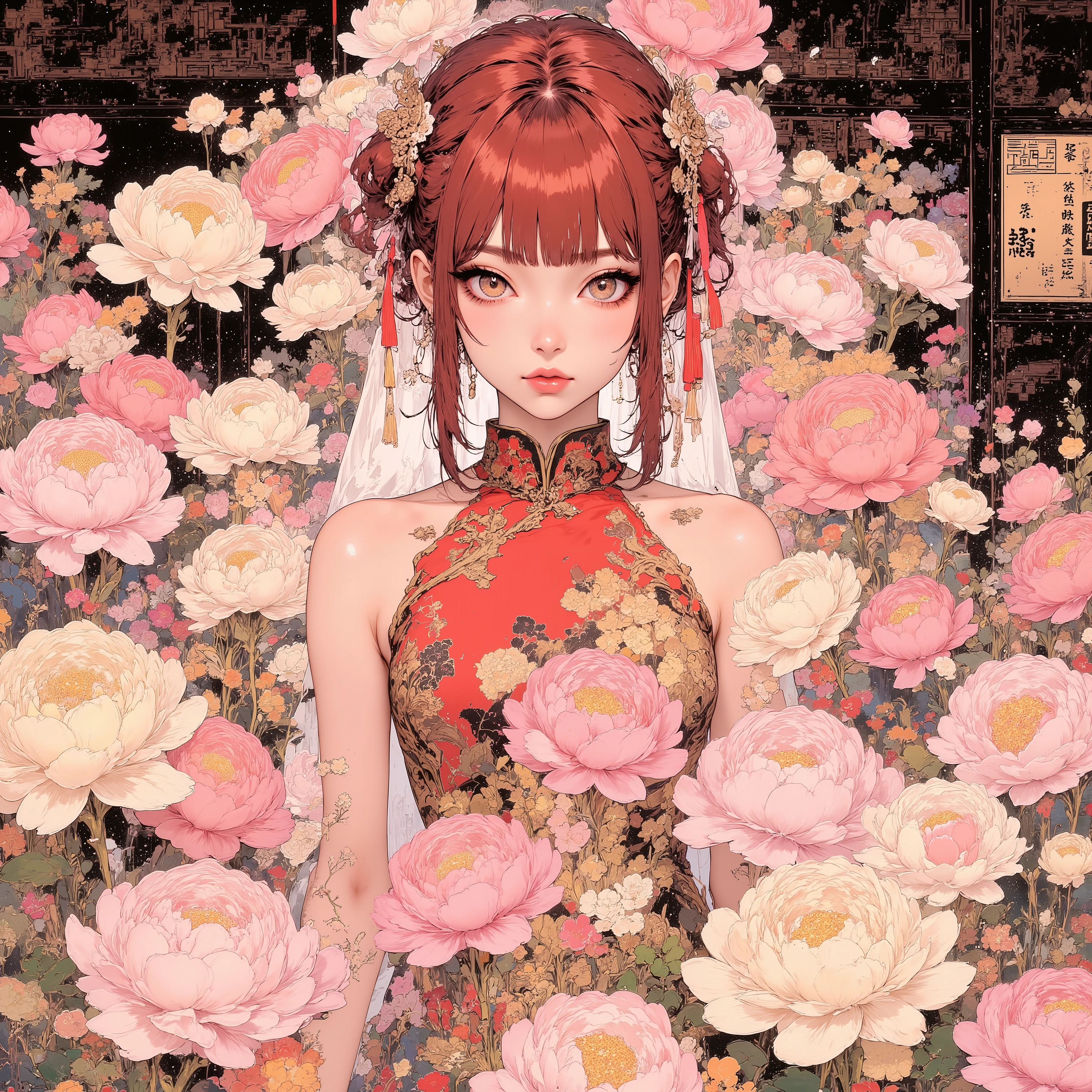 Surreal Collage Style, Ranma 1/in a short single braided hairstyle/2, Soft brown (Hazel) eye, bright glitter eyehadow,😊,Short Red Hair,upper body portrait of a beautiful anime girl inspired by Ranma Saotome with 2 bangs, Glamorous Traditional Chinese Hair Ornaments, Sleeveless Red China Dress, Mysterious Neutral Look, Mr.々Surrounded by Gentle Hues of Peonies, Ink Art Style Backdrop Traditional Chinese motifs, ink flowing effect, Delicate Pastel Color Palette, Elegant Asymmetric Composition, Mixed Media Digital Collage, super high resolution, has a dreamy surreal atmosphere, Resonance of Ripples , iconic hidden details, Sparkling Accents , Futuristic Chinese Style Decor, Contemporary Album Cover Design,traditional Chinese buildings, Artistic Controlled Chaos