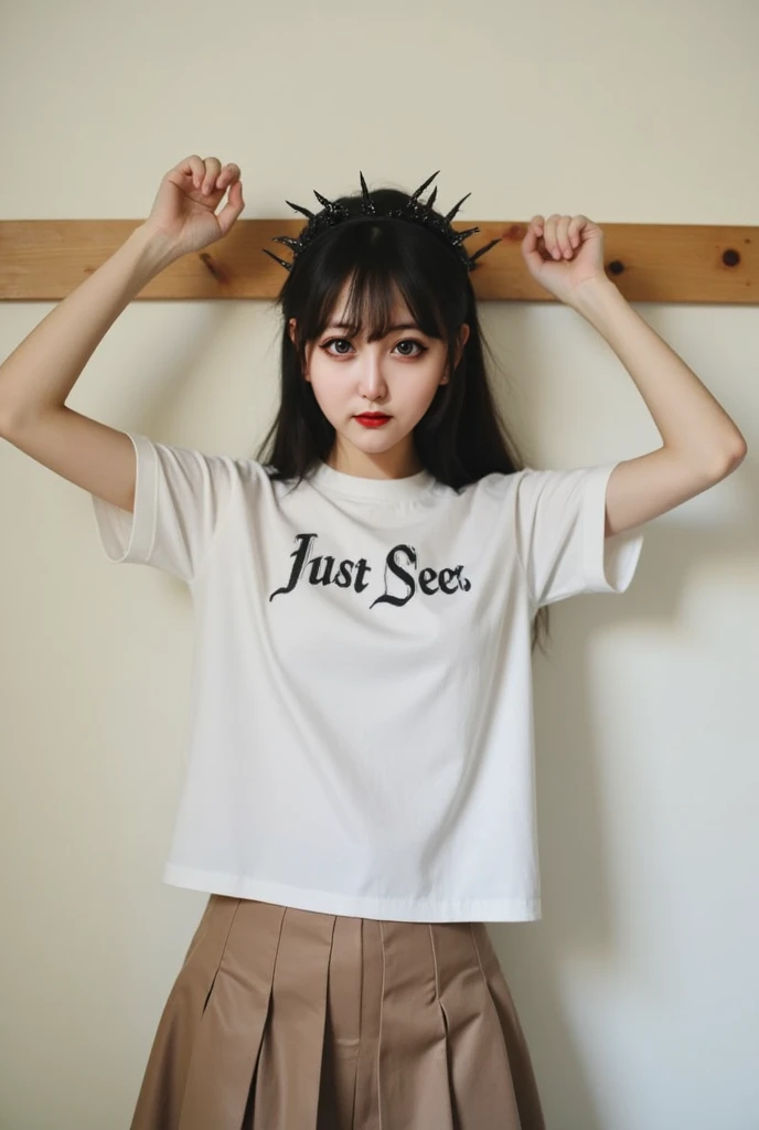 (8k:1.27), best quality, masterpiece, ultra highres:1.2), lesbian delinquent girl with medium length hair and arm tattoos, tattooed girl, full body picture, dirty old pink oversized knotted prisoner t-shirt, dirty big pink t-shirt with prisoner number written in t-shirt, short big sleeves, white prisoner pants tied with a rope, wearing dirty old goth clothes, shoulder length brown bob hairstyle, brown hair pulled back snooki style, blonde highlights, standing in the prison gallows next to a noose, about to be executed, hanging execution, handcuffed, hands tied with rope behind body, submissive neck choker and checkered keffiyeh scarf in neck, 4k or 8k picture, looking at the floor down very sad, very sad face, smelly, barefoot, rope noose hanging from ceiling, tattooed body, noose rope hanging