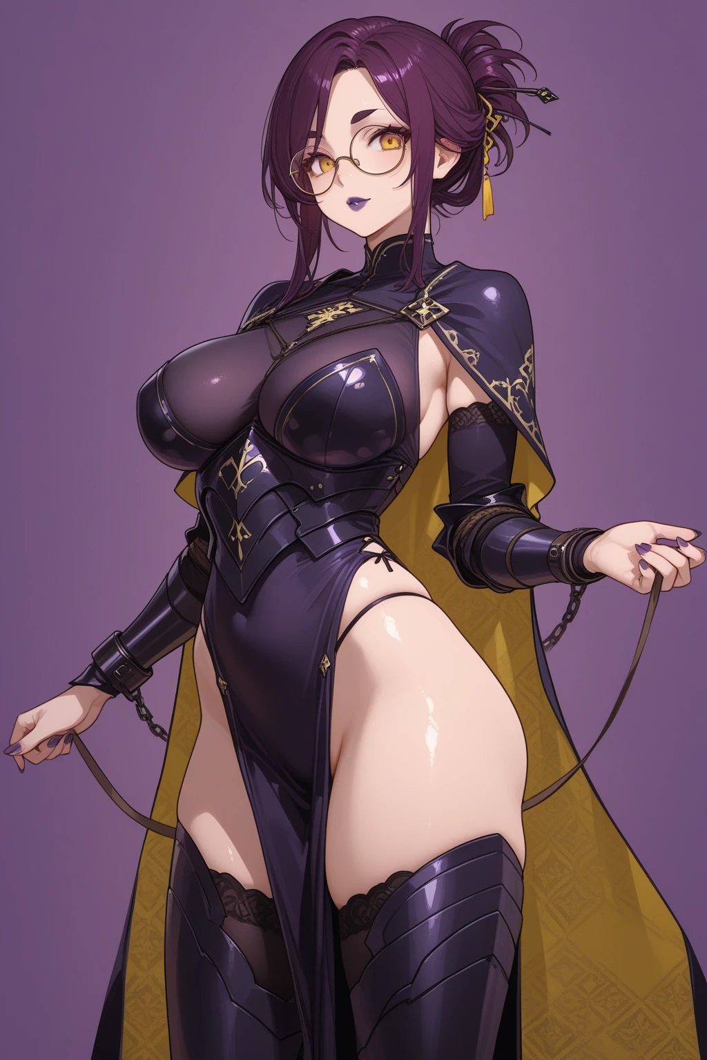 (masterpiece), best quality, expressive eyes, perfect face, Nico Robin at rocky desert, (rocky desert at night background), (standing), (smirk), (closeup view), (1girl, Nico Robin face, dark skin, tanned skin, tan, black hair, ponytail hairstyle, no bangs, brown eyes, hourglass figure, skinny body, large breasts, huge breasts, oppai, wide hips, thick thighs, ((dark purple bikini), BREAK, (black studded hip belt), (knee pad boots), (black devil horns), (dark purple gloves), (furry cape), (sholder pads)),