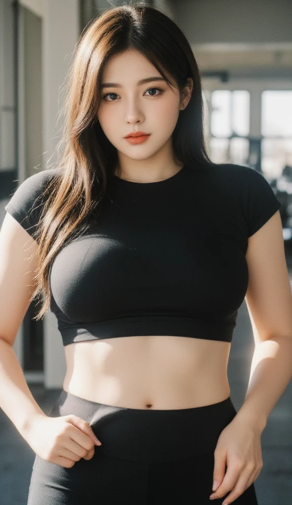 A beautiful woman standing, wearing ((black shirt, hotpants)), pale skin, smooth pale skin, skin tune pink, perfect body, detailed body, ((round big breast, big hips)), cute face, black hair, ponytail hair, super detailed, detailed, 8k