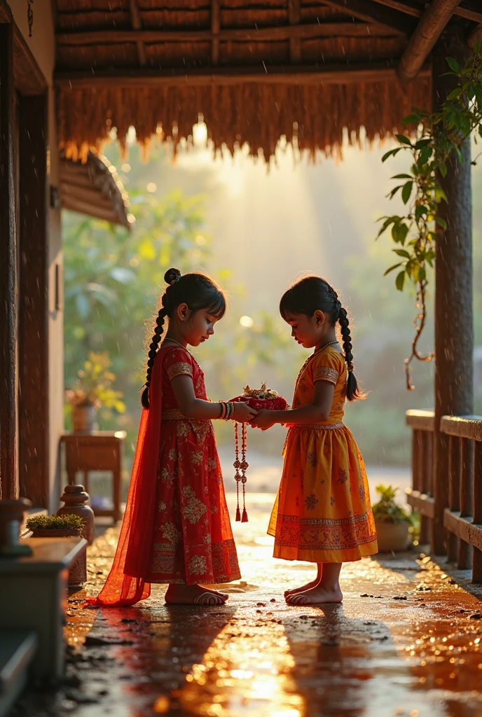 Young indian girl sitting on a chair and receing flowers from a yyoung indian boy
