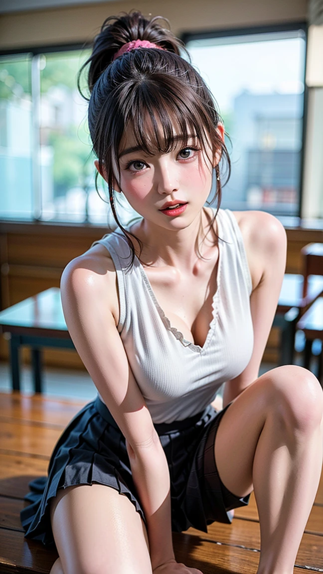 photorealistic, close up, low angle, seen from below:1.2, korean girls with braided hair without wearing anything, Beautiful hyper-realistic girls with huge sagging breasts., highly detailed official artwork, beautiful girls with slim body and slender posture, attractive young girls (sitting on a bench with legs crossed:1.3), in the city park, natural background, I will also make fanart., Realistic portrait, soft photorealistic, perfect visual of some pretty girls, cute girls with skin smooth face, Look at the spectators, Makoto Shinkai and Artgerm, Photon mapping, natural light, grey tones, vivid colors, playful atmosphere