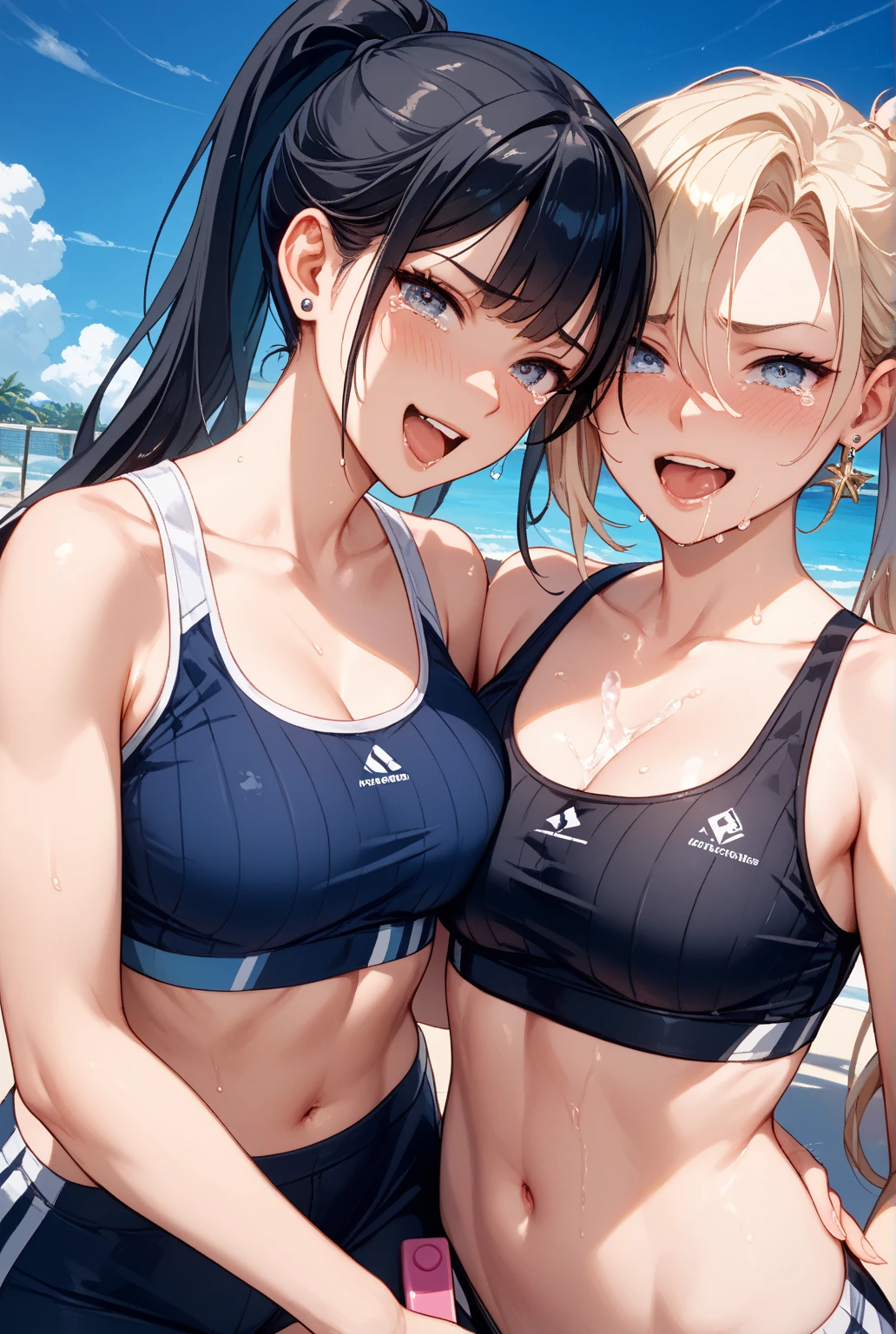 （Sweat, White skin:1.5、Light gray sports bra, Black stained clothing:1.5）, cameltoe, Brand logo on the bra, Fitness, Bodybuilding Poses, ((ブラにSweat染み:1.5, Sweatで濡れている, Sweat染み, Grey sports bra discolored by water)),Big Breasts, Sturdy body
