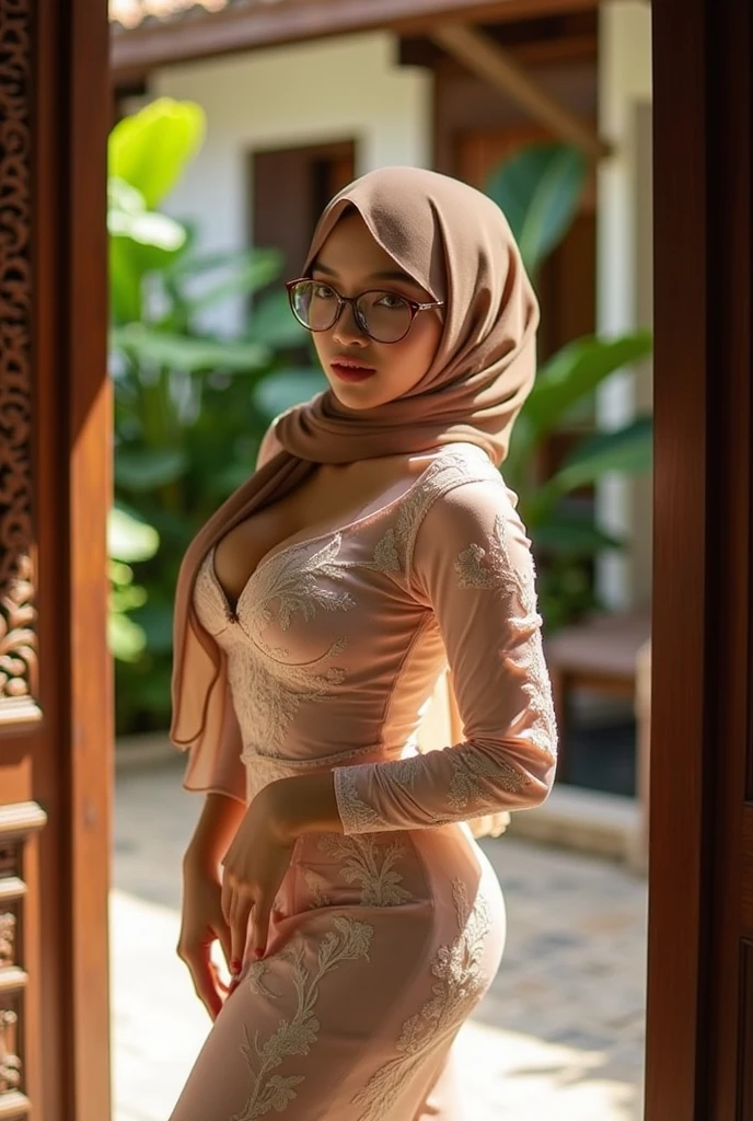 RAW, Best quality, high resolution, Masterpiece: 1.3), Beautiful Bella Hadid in hijab, Masterpiece, Perfect slim body, ((Big breasts)), Beautiful big eyes, water eyes, Soft smile, ((wearing tight red pastel floral malay gamis with closed hijab)), simple diamond necklace, ((closed clothes), ((polite clothes)), windy, skin details, skin texture details, wide hips, thick thighs, sexy body, morning time, laughing, happy, bright sunlight, flower garden path, blurred background, bokeh,