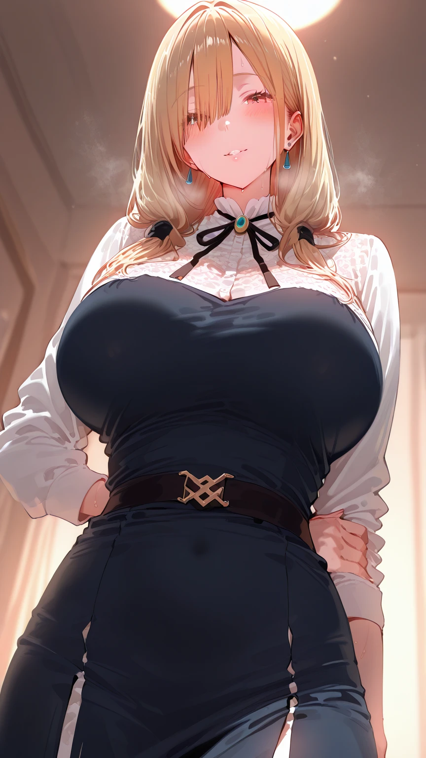 ((sagging breasts,mature woman,huge breasts, huge breasts)),alone,smile with one's teeth exposed,cowboy shot,improve,((teasing)),eye shadow,lip,shiny eyelashes,blonde hair, ((two tone hair)),piercing, drill head,((bare forehead)),tight dress, Pencil dress, long sleeves, Perfectly fitted, tight clothes, split, impossible clothes, long dress, clavicle,New York Street,