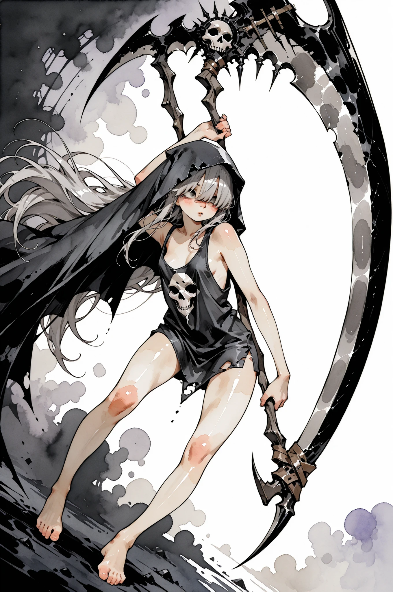 ((Cute Grim Reaper girl with Grim Reaper's scythe)),
1girl,Super Detailed,absolute resolution, dynamic angle,(tanned skin:0.3),portrait,((pinup)),,
(holding on Grim Reaper's scythe:1.3)
(naked oversized long black tank top:1.3),,Bare Foot,
detailed and beautiful face and eyes,light gray hair, gray eyes,
very long hair,, hair over eyes, small breasts,,,
,(blush:0.6),(nose blush:0.6),(parted lips:0.6),(watercolor background),(Watercolor anime:0.5),