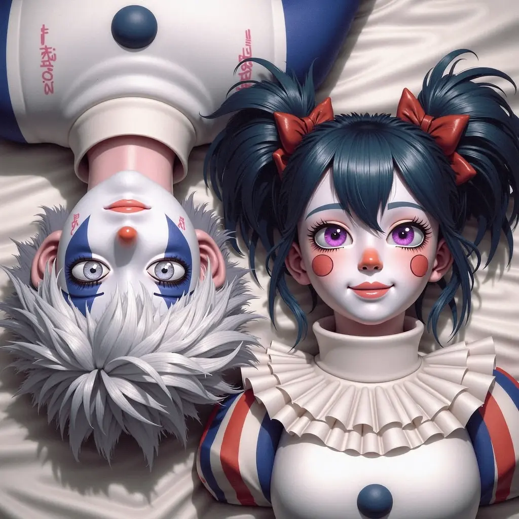 penny the clown by ejm on deviant art, in the style of light orange and dark gray, playful character design, white and red, supernatural creatures, caricature-like illustrations, magewave, charming characters --ar 3:2