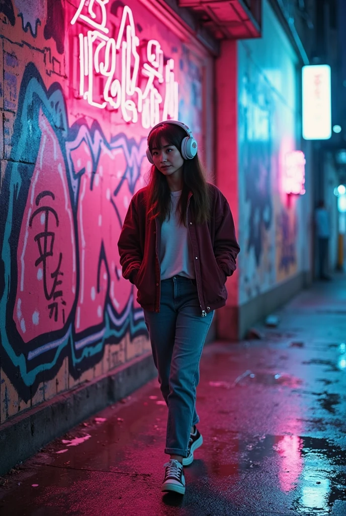 nightshoot, Best quality, masterpiece, very high resolution, beautiful indonesian women, in a brown coat, blue jeans trouser, scarf around her neck,, sit on train, from the inside of train she see a beautiful night metro city,, depth blur. bokeh, cinematic grading