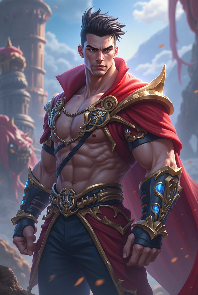 (8k,shipmentsrrealista　shipments　Maximum quality;1.4) (1 young boy) Super cute hairy torso of the king of the underworld　(lifelike face) 　(curly hair chic hair )　slenderbody　Muscular and macho　Red and red aristocratic costume with big golden eyes　colorful decoration　Fangs peeking out of the mouth　Pointed claws　a  gaze　Beautiful expression　A hyper-realistic　(King of the Underworld)　appealing　(real looking skin)　super high resolution　high détail　Red and red luxury pants　Red aura emanating from the body　effect　red robe 