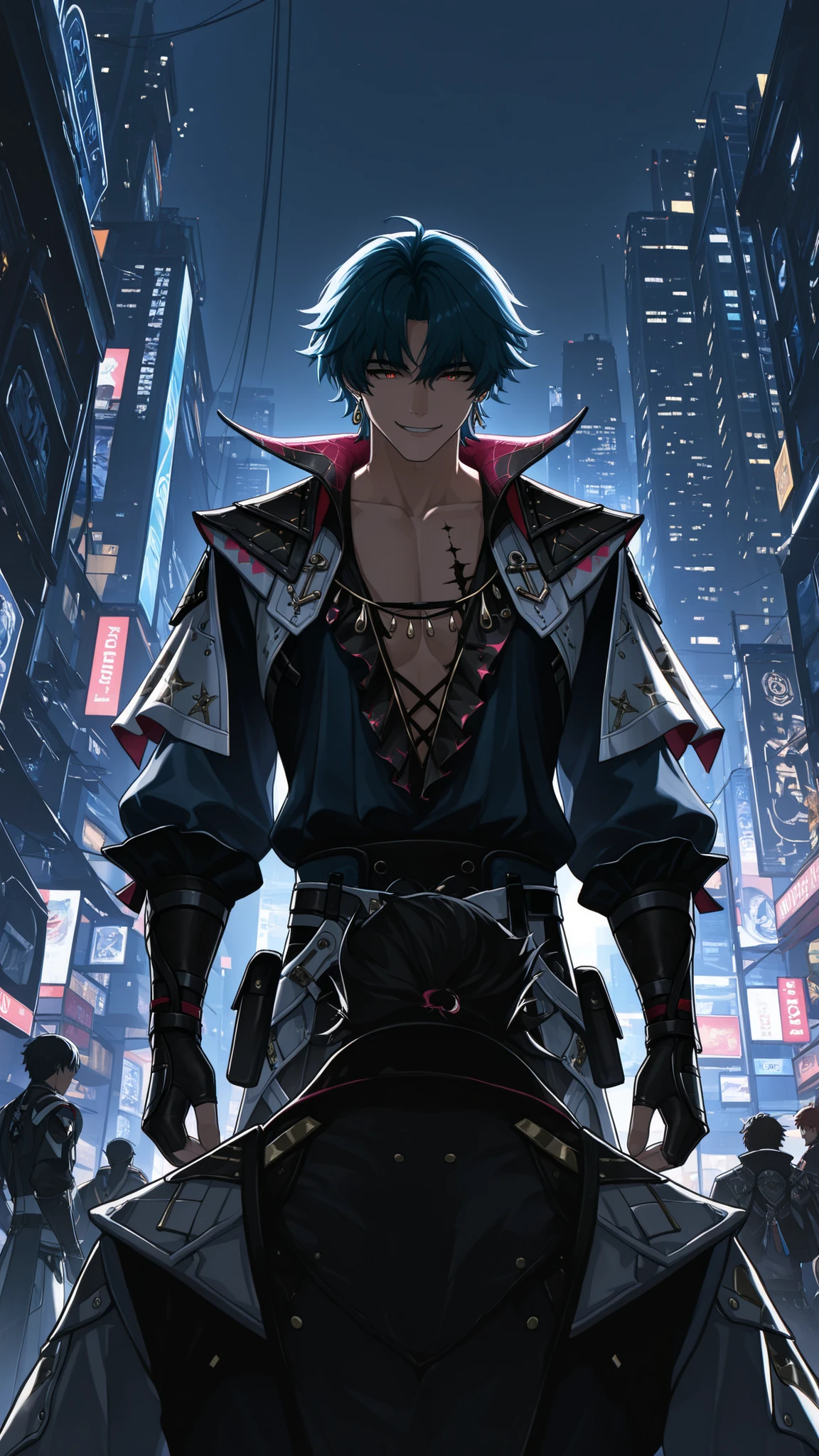 masterpiece, high quality, dramatic lighting, ((wuthering waves, Brant, man, male)), wearing clothes that fit the character in the game, (with a sunny, sly and handsome smile), in a city