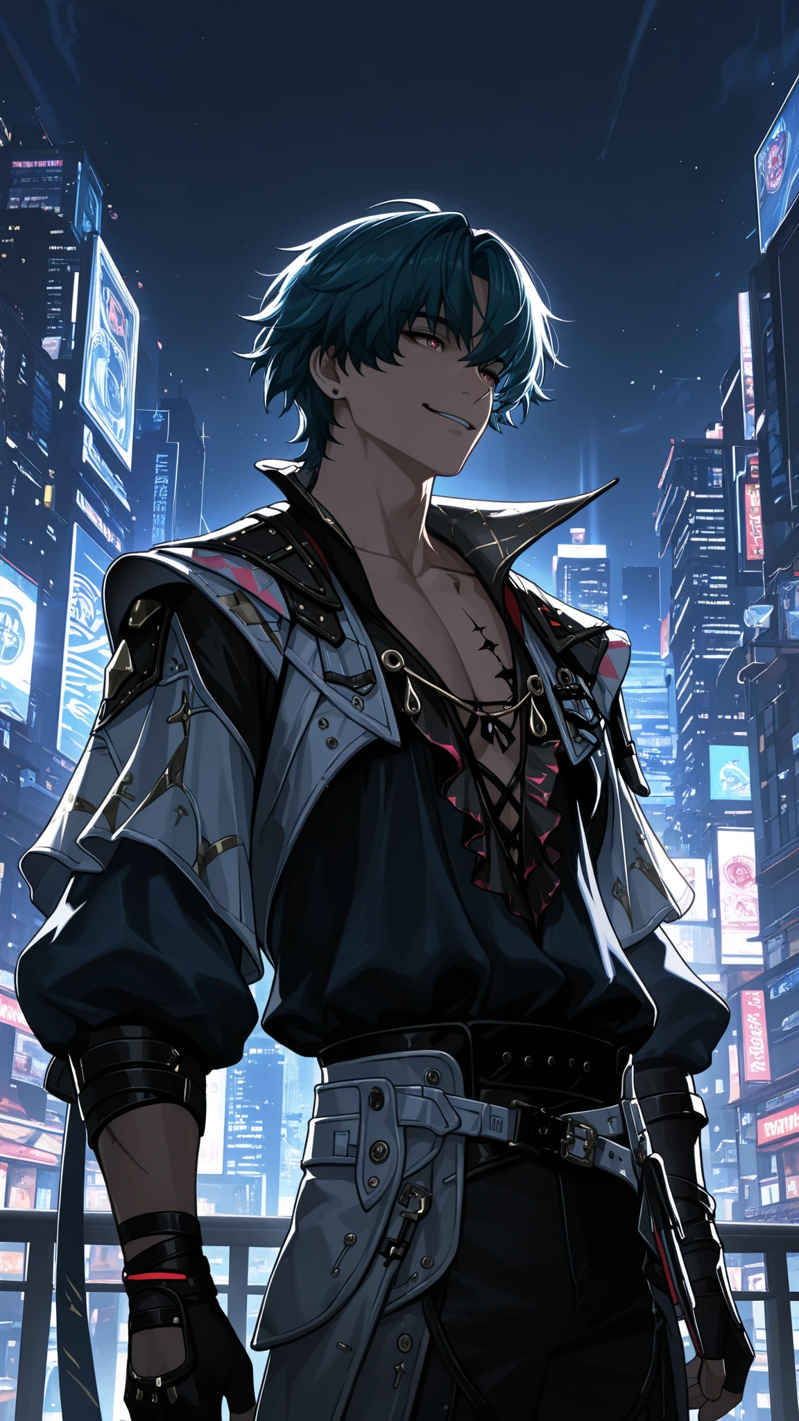 masterpiece, high quality, dramatic lighting, ((wuthering waves, Brant, man, male)), wearing clothes that fit the character in the game, (with a sunny, sly and handsome smile), in a city