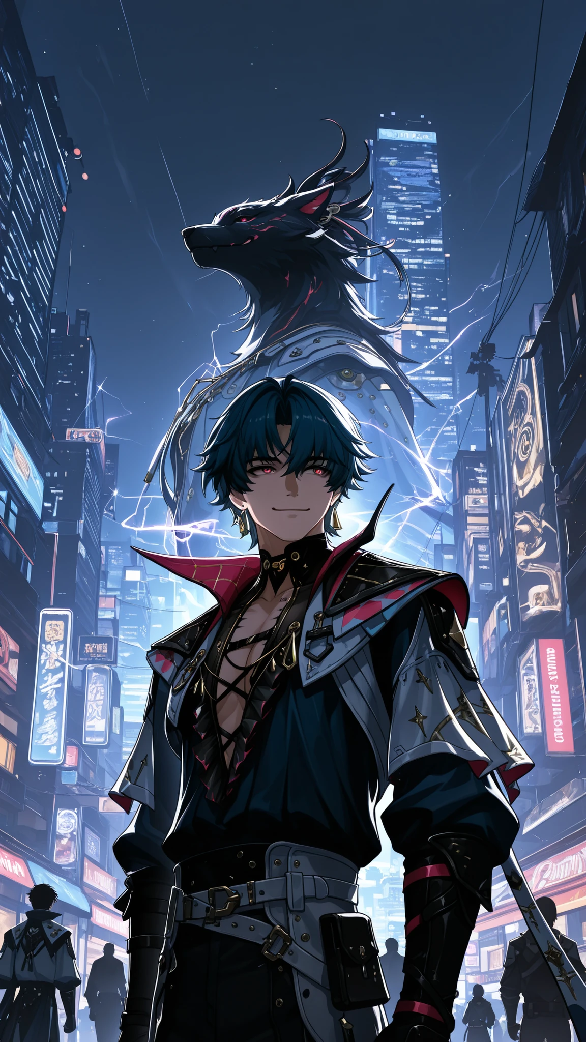 masterpiece, high quality, dramatic lighting, ((wuthering waves, Brant, man, male)), wearing clothes that fit the character in the game, (with a sunny, sly and handsome smile), in a city