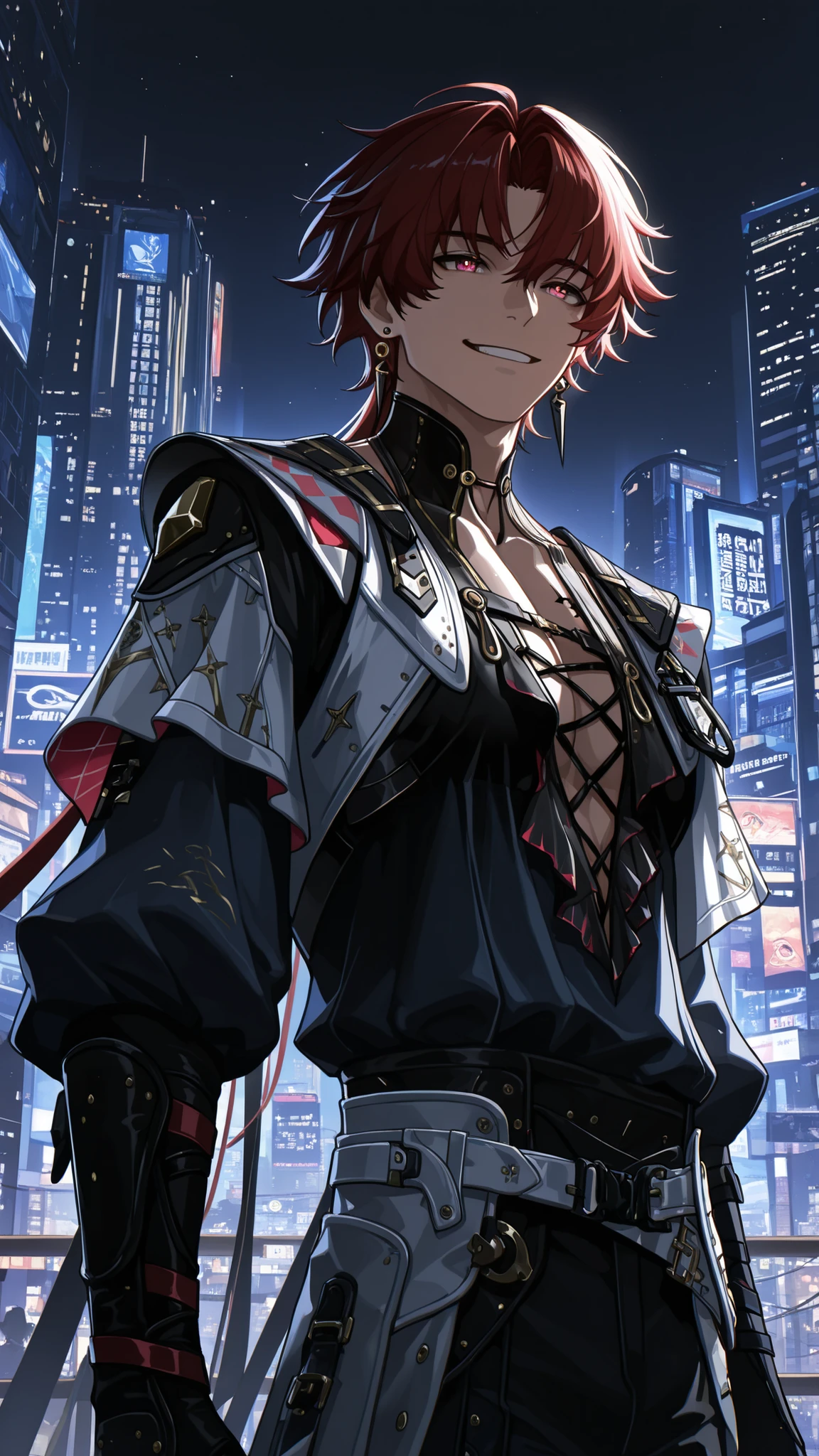 masterpiece, high quality, dramatic lighting, ((wuthering waves, Brant, man, male)), wearing clothes that fit the character in the game, (with a happy and handsome smile), in a city