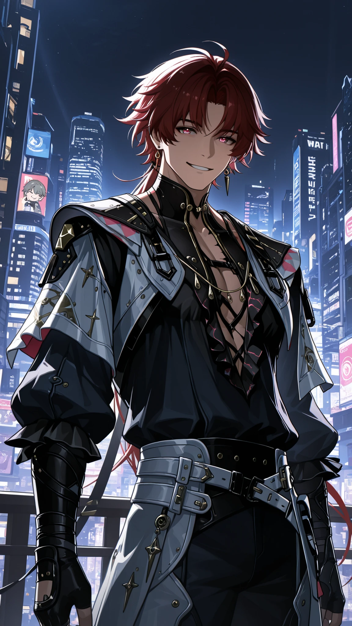 masterpiece, high quality, dramatic lighting, ((wuthering waves, Brant, man, male)), wearing clothes that fit the character in the game, (with a happy and handsome smile), in a city