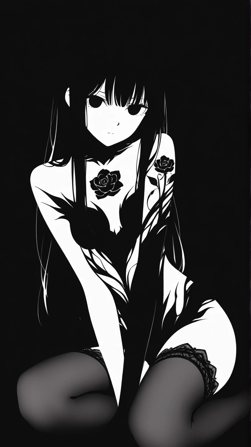 Nico Robin, One Piece, absurdres, highres, ultra detailed, ultra-detailed background, detailed background, extremly detailed, 1girl,bunch of flowers, (zentangle:1.2), (geometric:1.2), black and white color palette, monochromatic, big breasts, cleavage, sideboob, lingerie, realistic depiction, (arms behind back),