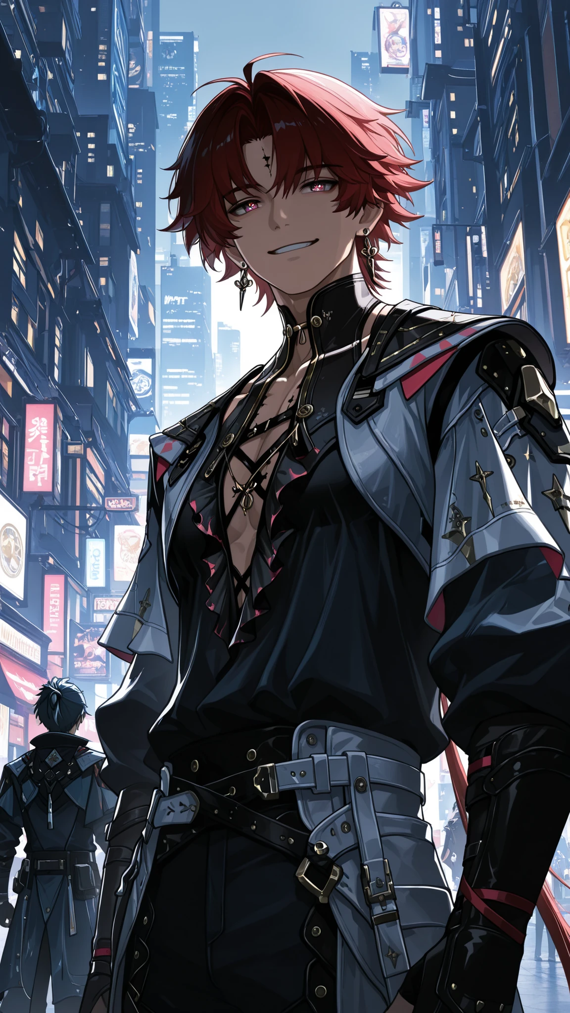 masterpiece, high quality, dramatic lighting, ((wuthering waves, Brant, man, male)), wearing clothes that fit the character in the game, (with a happy and handsome smile), in a city