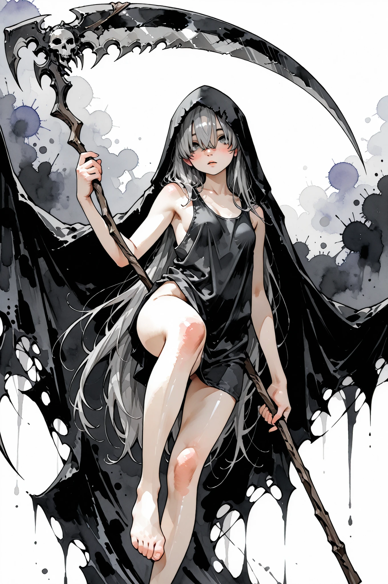 ((Cute Grim Reaper girl with Grim Reaper's scythe)),
1girl,Super Detailed,absolute resolution, dynamic angle,(tanned skin:0.3),portrait,((pinup)),,
(holding on Grim Reaper's scythe:1.3)
(naked oversized long black tank top:1.3),,Bare Foot,
detailed and beautiful face and eyes,light gray hair, gray eyes,
very long hair,, hair over eyes, small breasts,,,
,(blush:0.6),(nose blush:0.6),(parted lips:0.6),(watercolor background),(Watercolor anime:0.5),