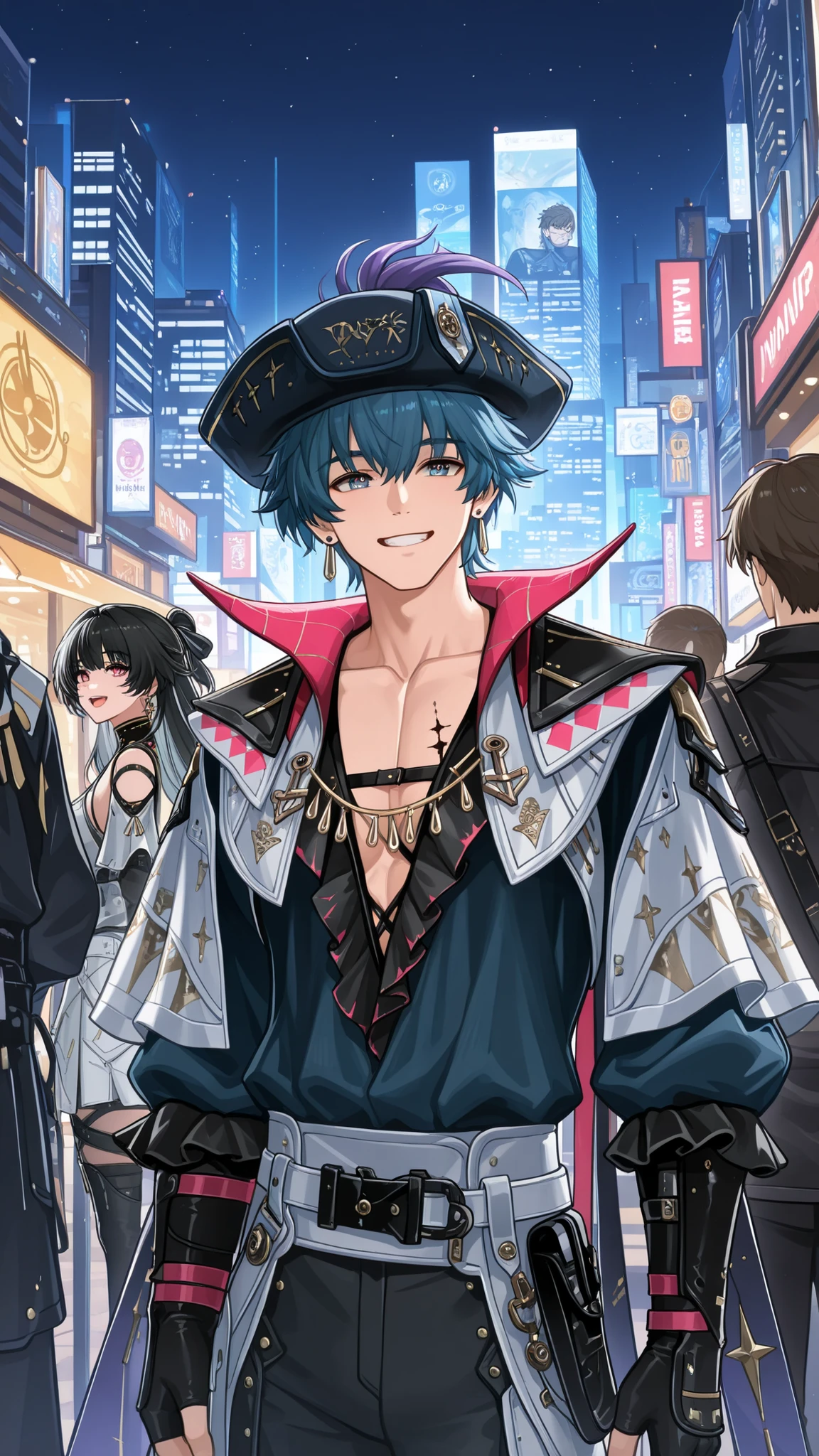 masterpiece, high quality, ((wuthering waves, Brant, man, male)), wearing clothes that fit the character in the game, original characters hair and eye color, wearing original characters hat, (with a happy, cheerful and handsome smile), in a city