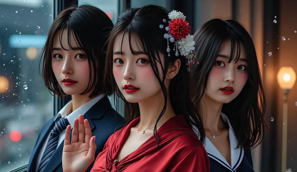 a group of asian 5 girls with white mask without designs, black and red kimono, semi-realistic style, good quality, no nsfw, background a traditional Japanese haunted house, dark aura, dark style, dark, horror