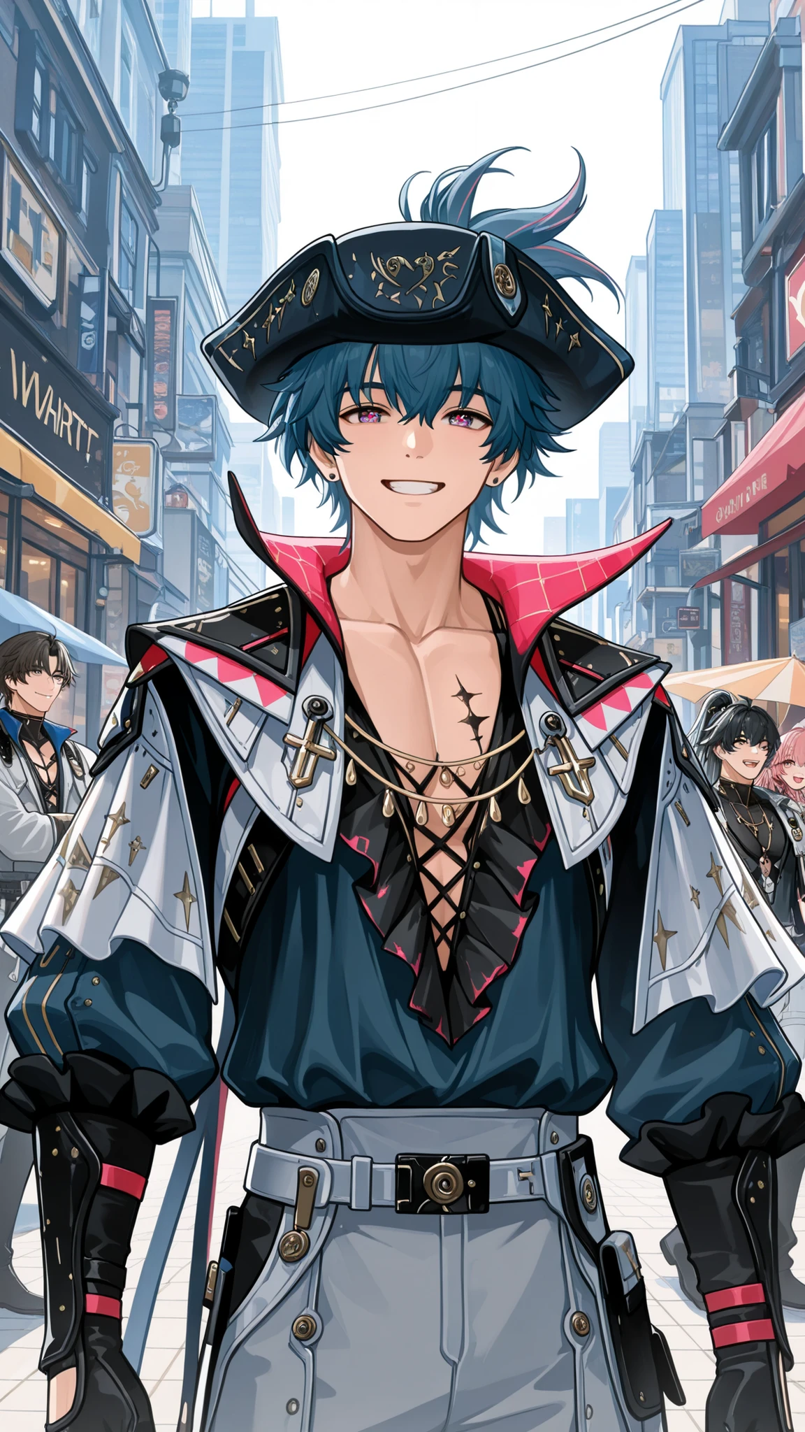 masterpiece, high quality, ((wuthering waves, Brant, man, male)), wearing clothes that fit the character in the game, original characters hair and eye color, wearing original characters hat, (with a happy, cheerful and handsome smile), in a city