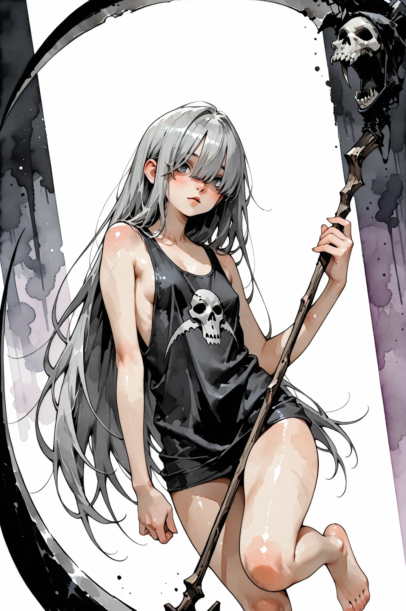 ((Cute Grim Reaper girl with Grim Reaper's scythe)),
1girl,Super Detailed,absolute resolution, dynamic angle,(tanned skin:0.3),portrait,((pinup)),,
(holding on Grim Reaper's scythe:1.3)
(naked oversized long black tank top:1.3),,Bare Foot,
detailed and beautiful face and eyes,light gray hair, gray eyes,
very long hair,, hair over eyes, small breasts,,,
,(blush:0.6),(nose blush:0.6),(parted lips:0.6),(watercolor background),(Watercolor anime:0.5),