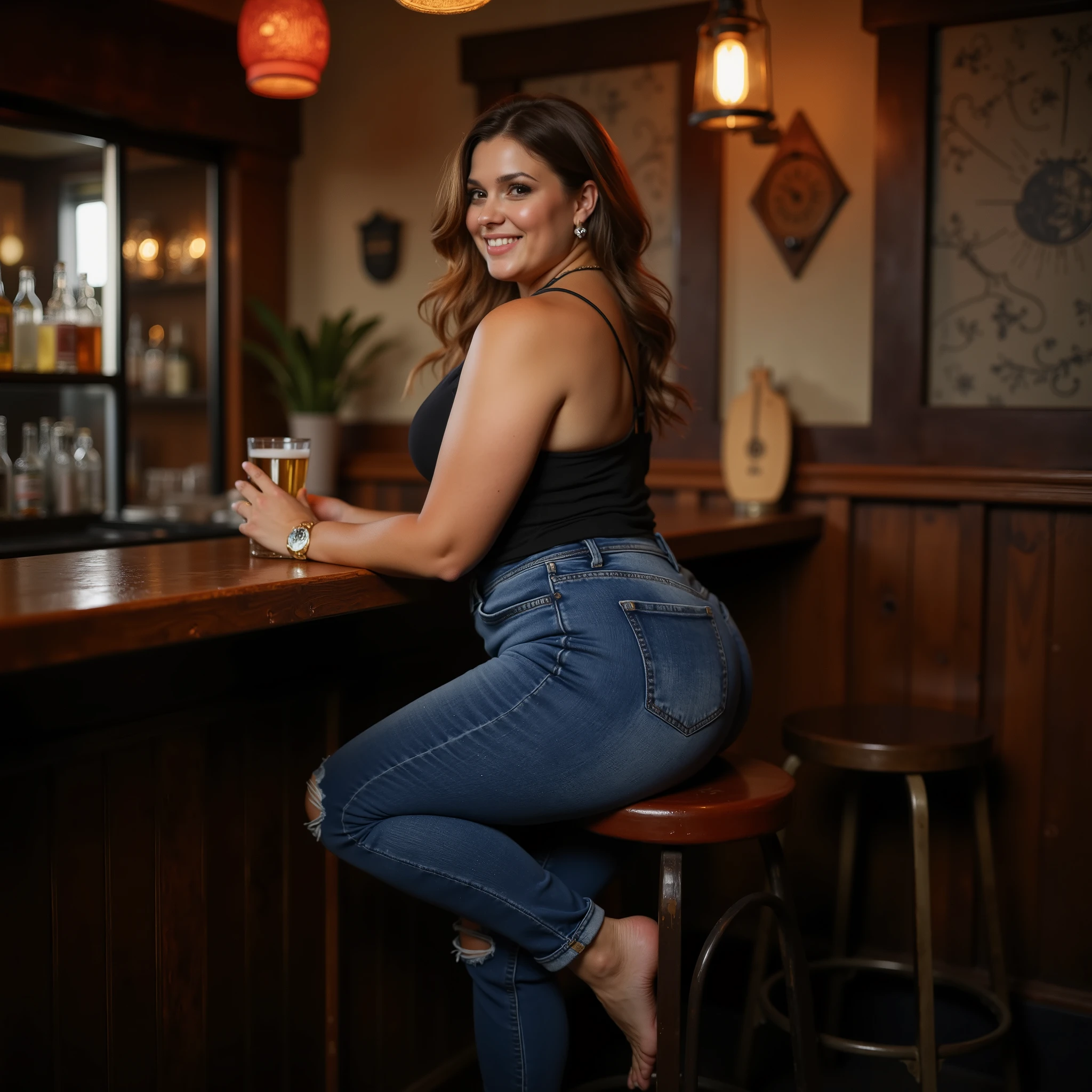 Chubby sexy woman rides on bar stool. nice smile. Popo. Hintern. Enge Jeans. In einer Bar. Kneipe. Rustikal.
