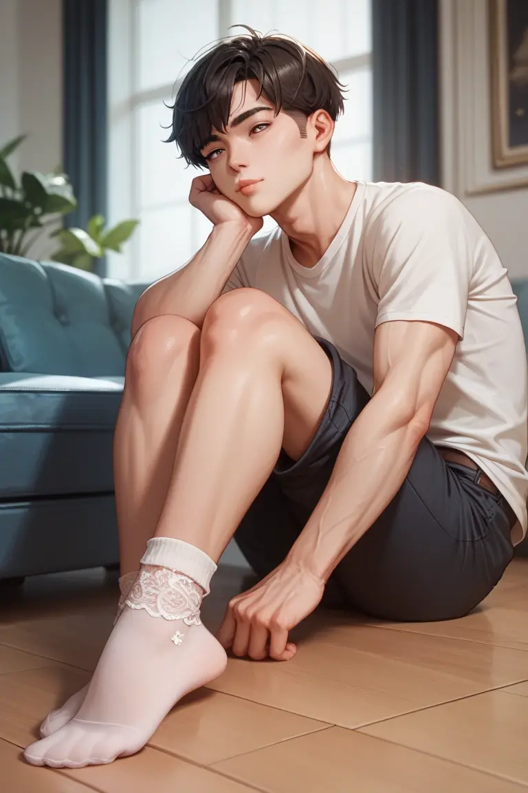 There is a man sitting on the floor with his legs up - SeaArt AI