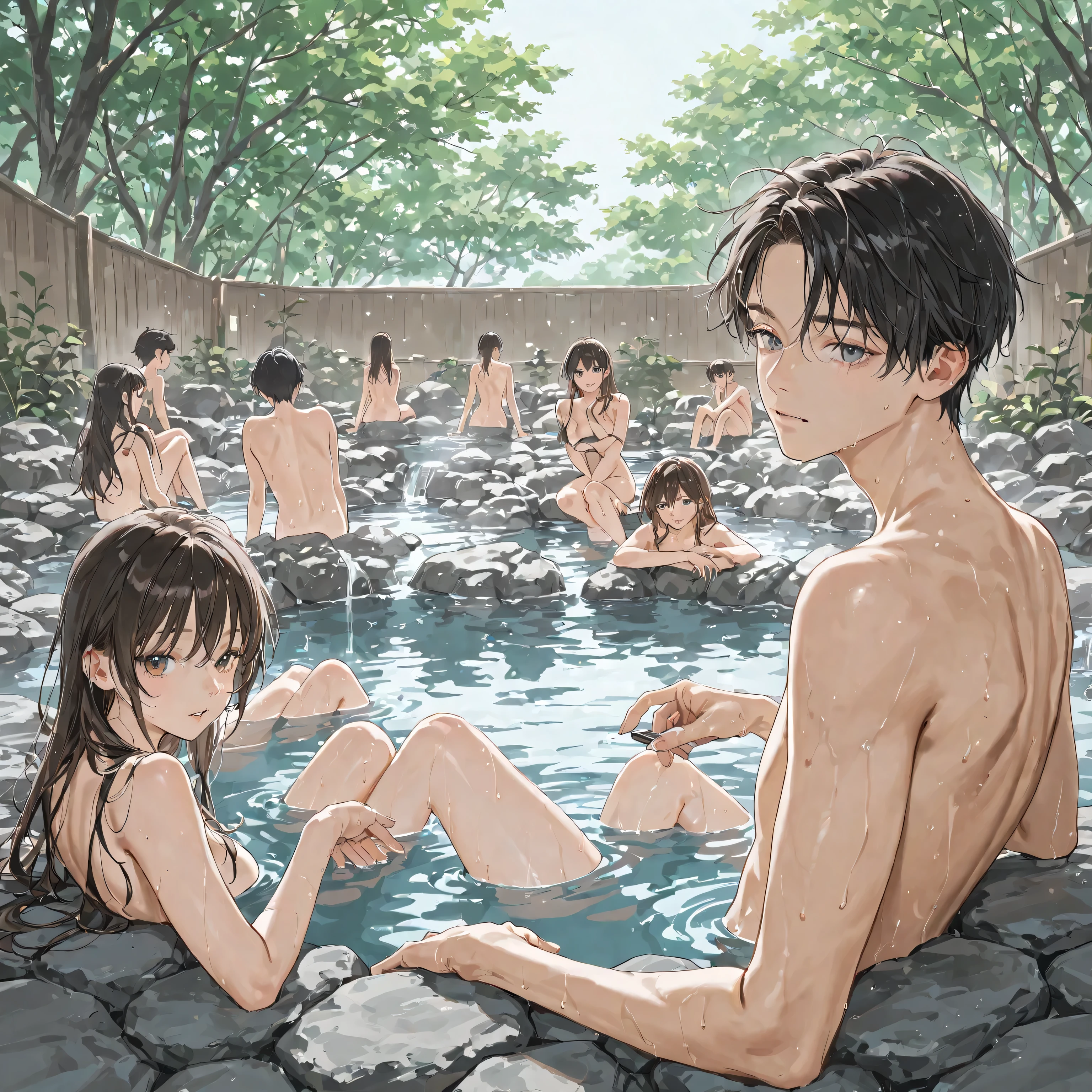 Male nudist photographer squatting、Many elementary school boys and girls hugging each other、surround each other&#39;neck of、Laughter and joy、longshot、Group Selfies、At the sauna facility、Intense curiosity and shame、Leaning forward