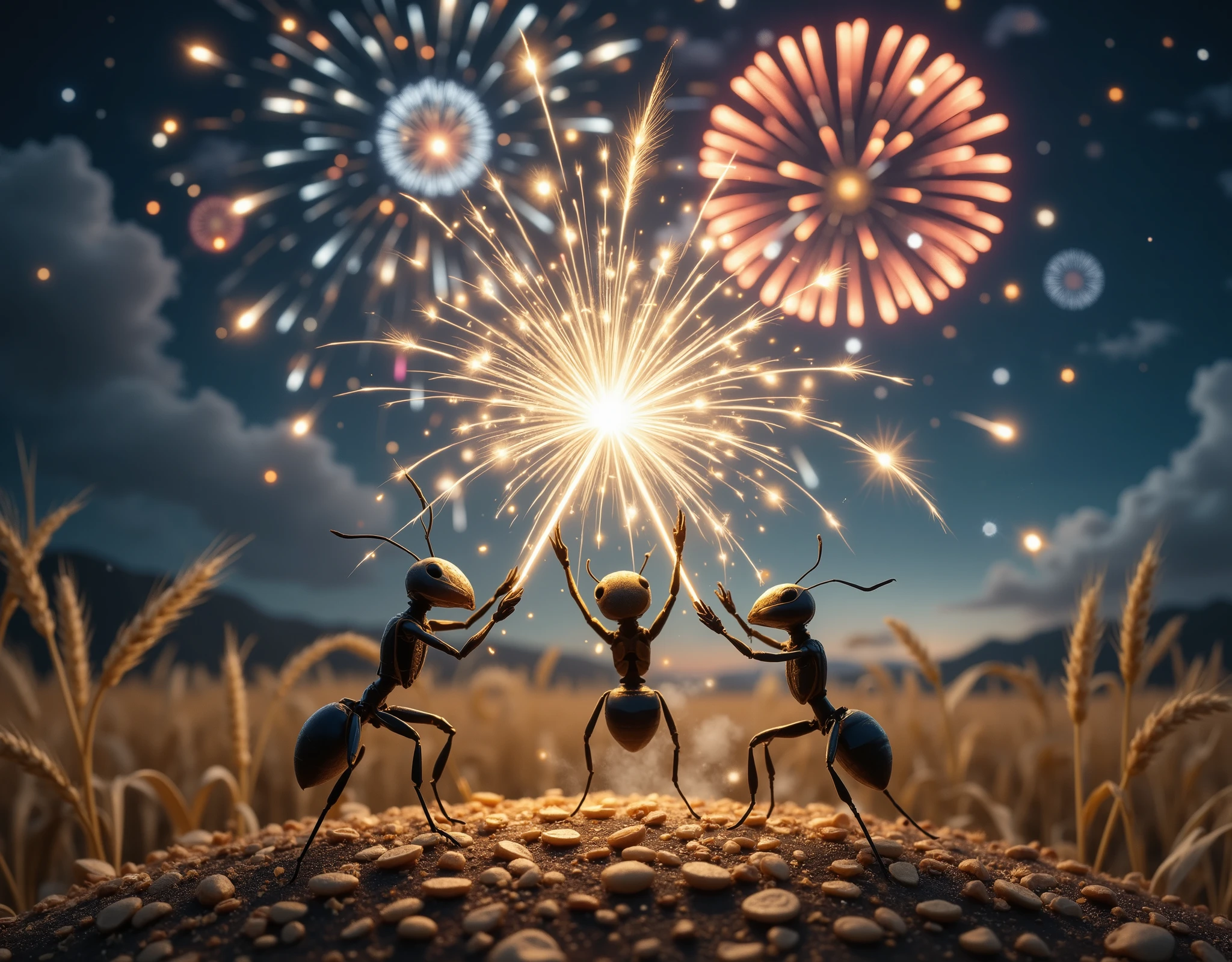 "Fireworks Festival"
A night lit up by fireworks in full bloom. the whole anthill is celebrating the grain harvest. heaps of wheat seeds scattered here and there; humanoid ants celebrate by jumping and rejoicing together. In the sky on the horizon the most colorful and beautiful fireworks they have ever seen.