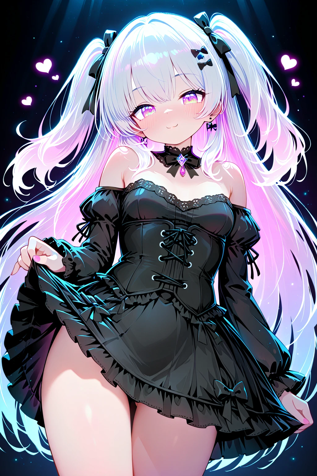 Anime Kawaii sexy Perfect Slim sensual body large breast and huge thighs, An intricate and highly detailed illustration of anime (Young girl). "A 17 year old girl with a voluptuous body, pale and delicate skin, long straight white hair, bright and expressive purple eyes, pink and full lips. She wears a tight black dress that accentuates her waist and bust., with a V-neckline that highlights your large breasts. The dress has a short black skirt that fits her hips and shows off her smooth, toned thighs... She wears a pair of black stockings that cling to her legs and accentuate her figure.. On your feet, She wears a pair of black high-heeled boots that give her an air of mystery and sensuality.. around the neck, She wears a black choker with a small crucifix that accentuates her pale skin.. Her white hair falls loosely down her back and moves gracefully as she moves.. Her bright purple eyes shine with intensity and her gaze is hypnotic.. Her pink and full lips are perfect for kissing and her smile is radiant. She wears a kitsune mask on one side of her face that gives her an air of mystery and magic... His figure is curvy and sensual, with a large bust and wide hips. She is a true beauty and her presence is impressive."
