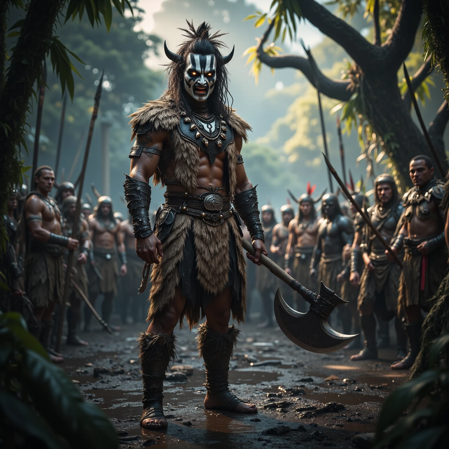 masterpiece, best quality,(wallpaper), poster, extremely detailed cg unity 8k wallpaper, ray tracing, cinematic lighting, blurry foreground, fighting stance, 1boy, bara, orc, armored dress, sword, nipple cutout, bared teeth, tattoo, chains, shackles, cuffs,(Tribal civilization:1.3),( heavy stone knives), (war,) tribal background