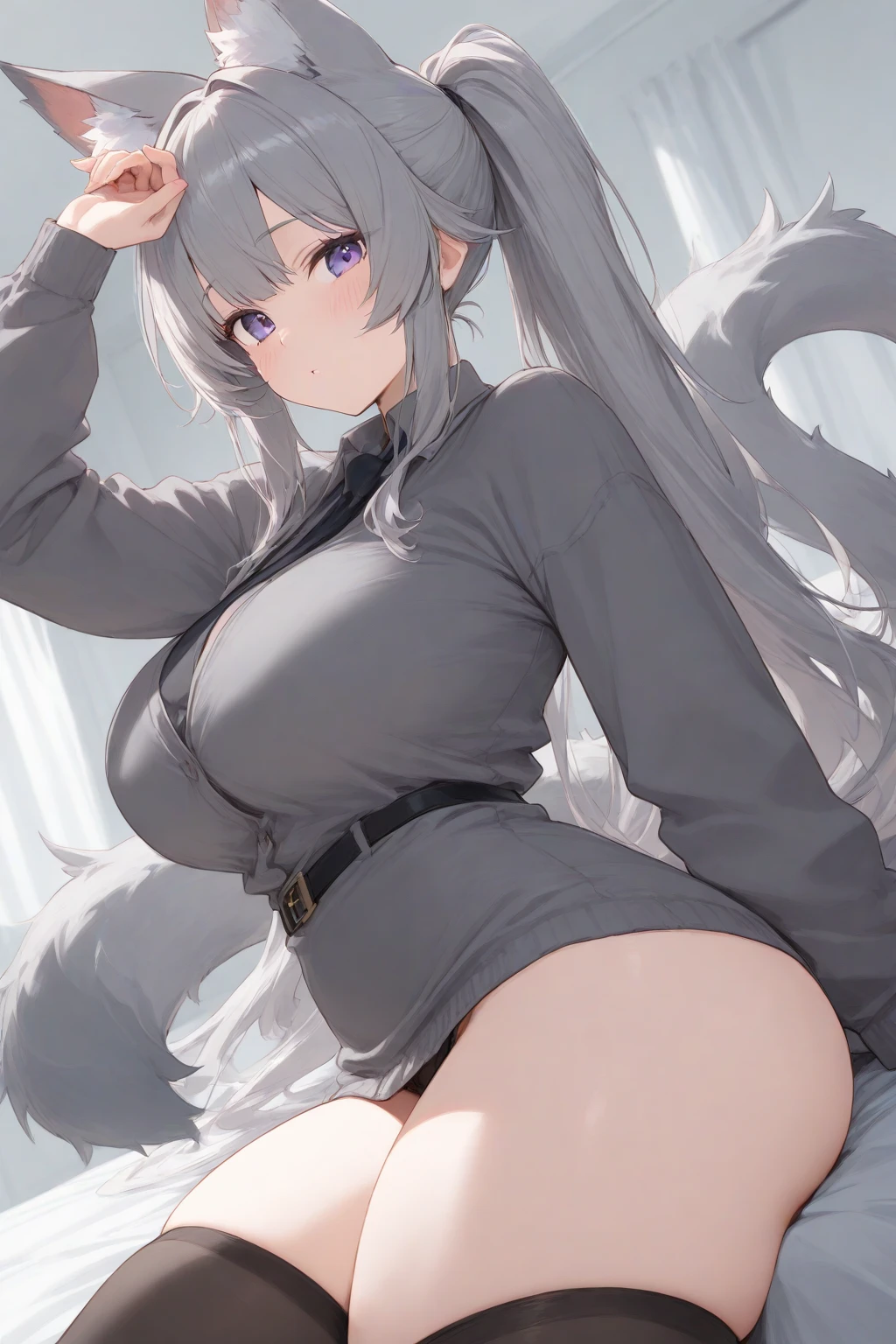 ((nsfw)), (masterpiece, best quality:1.3), (1girl, 1boy), white hair, fox ears, red eyes, large breasts, narrow waist, (black tight shirt), large ass, ((huge penis)), (internal cumshot, deep penetration:1.1), (ahegao, orgasm, cumdrip, cum in pussy, cum pool:1.1), squatting cowgirl position, vaginal, pov, <lora:povSquattingCowgirlLora_pscowgirl:1>, facing down, pregnant,