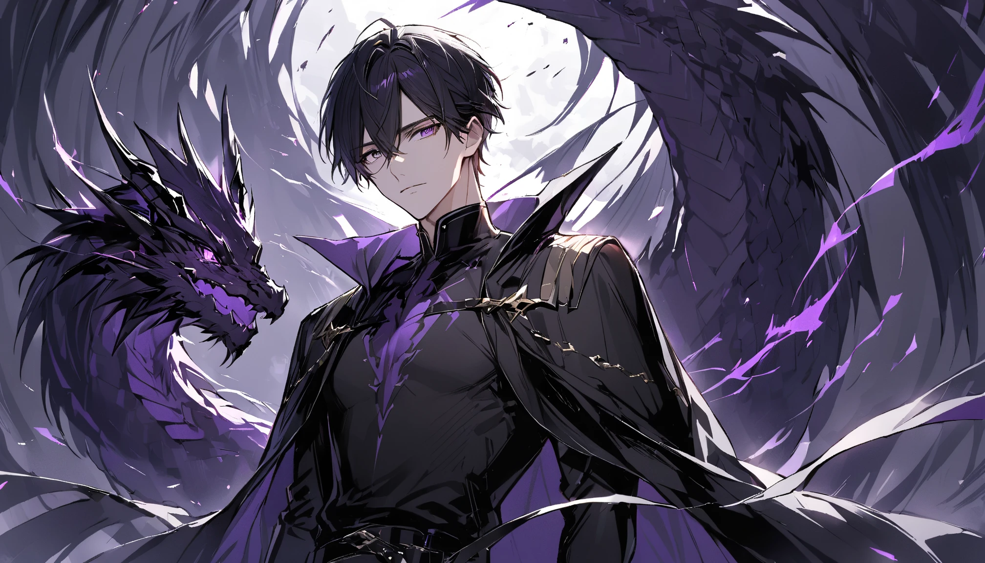 Handsome, solo, 1 male, short hair, black hair, purple eyes, black shirt, black cloak, black dragon