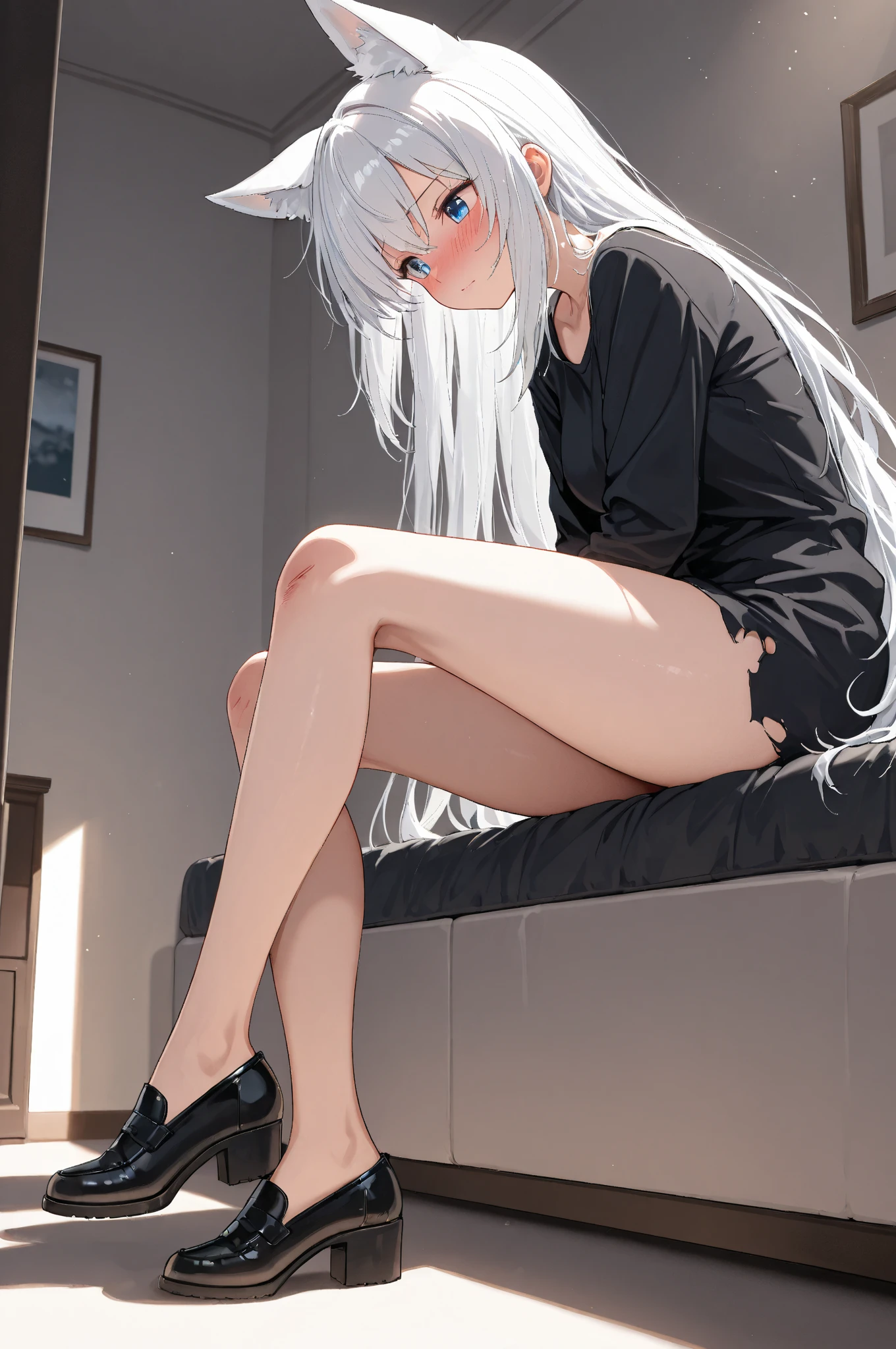 (((1 girl)),ray tracing,(dim lighting),[detailed background (bedroom)),((silver hair)),((silver hair)),(Fluffy silver hair, plump and slender girl))) with high ponytail))) Avoid golden eyes in the ominous bedroom ((((Girl wears a white shirt, black wrinkled skirt with black transparent pantyhose), showing a delicate slim figure and graceful curves, correct limbs, sitting on the bed with hands behind her head, Put both hands behind your head