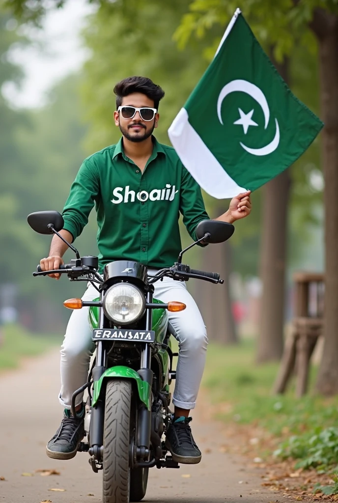 Create an image featuring a 25 year white boy
standing with the hood of a pakistani flag new 
bike having side view,with Pakistan’s scenic background. He’s holding a big flag celebrating Pakistan’s 14th August. The boy wears a green T-shirt with ‘Ali’ printed on it, white pants, green shoes and sunglasses.
