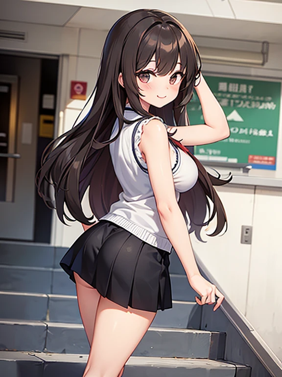 Big tits young girl、Light blue tiny bikini、Narrow constricted waist、Small hips、White pleated skirt、Black hair in twin tails、White ribbon、Dark Eyes、Brown eyes、In town、Outdoor