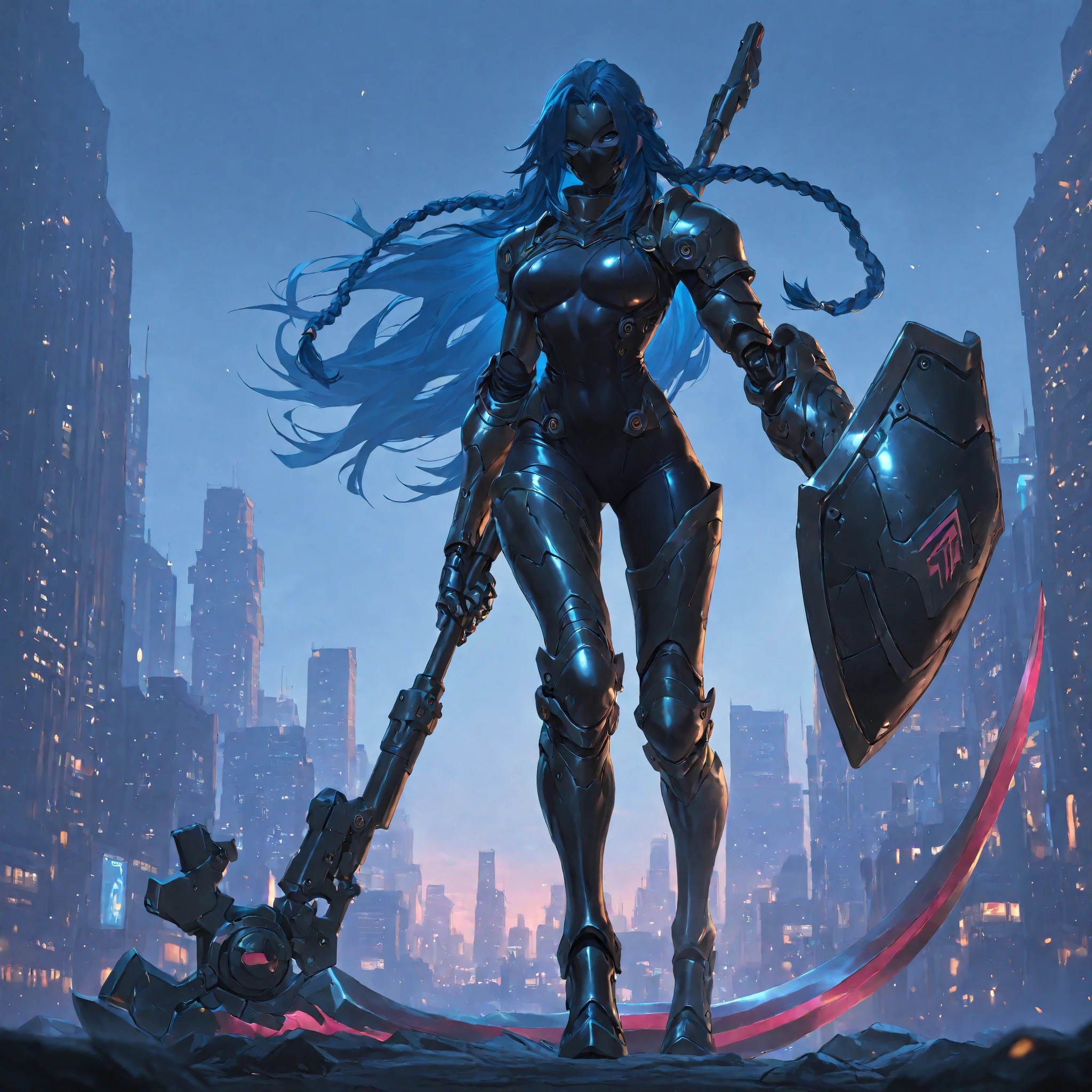 handfixer, (ultra quality:1.3), masterpiece, (highly detailed), HDR, 1girl, solo, black mask, blue long hair with lots of braids, slender body, metal hands, shield with gun on one arm and scythe in other, rabbit like metal legs with bending inward knees, armor over slick black bodysuit, city background