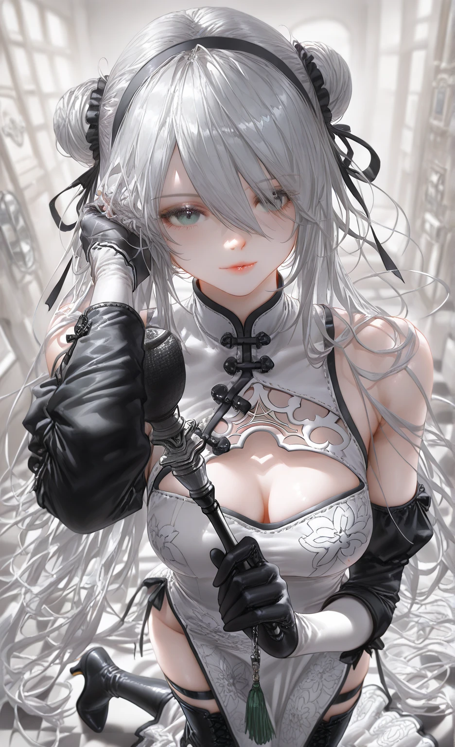 (masterpiece:1.2), (Best quality at best:1.2), perfect eyes, perfect face, 1 Woman, Alone, 8K, Best Quality, large breast，(Detailed description of hair), (Detailed description of face),(Detailed description of body), fair and clear skin, matchless beauty, long legged, (Stockings), (30 years old)，facing the audience, professional photographic light, grey eyes, hanya, horns, black leather tightsuit, japanese architecture, cherry blossoms, falling petals, night, building top, cleavage, cowboy shot, long face, crouching