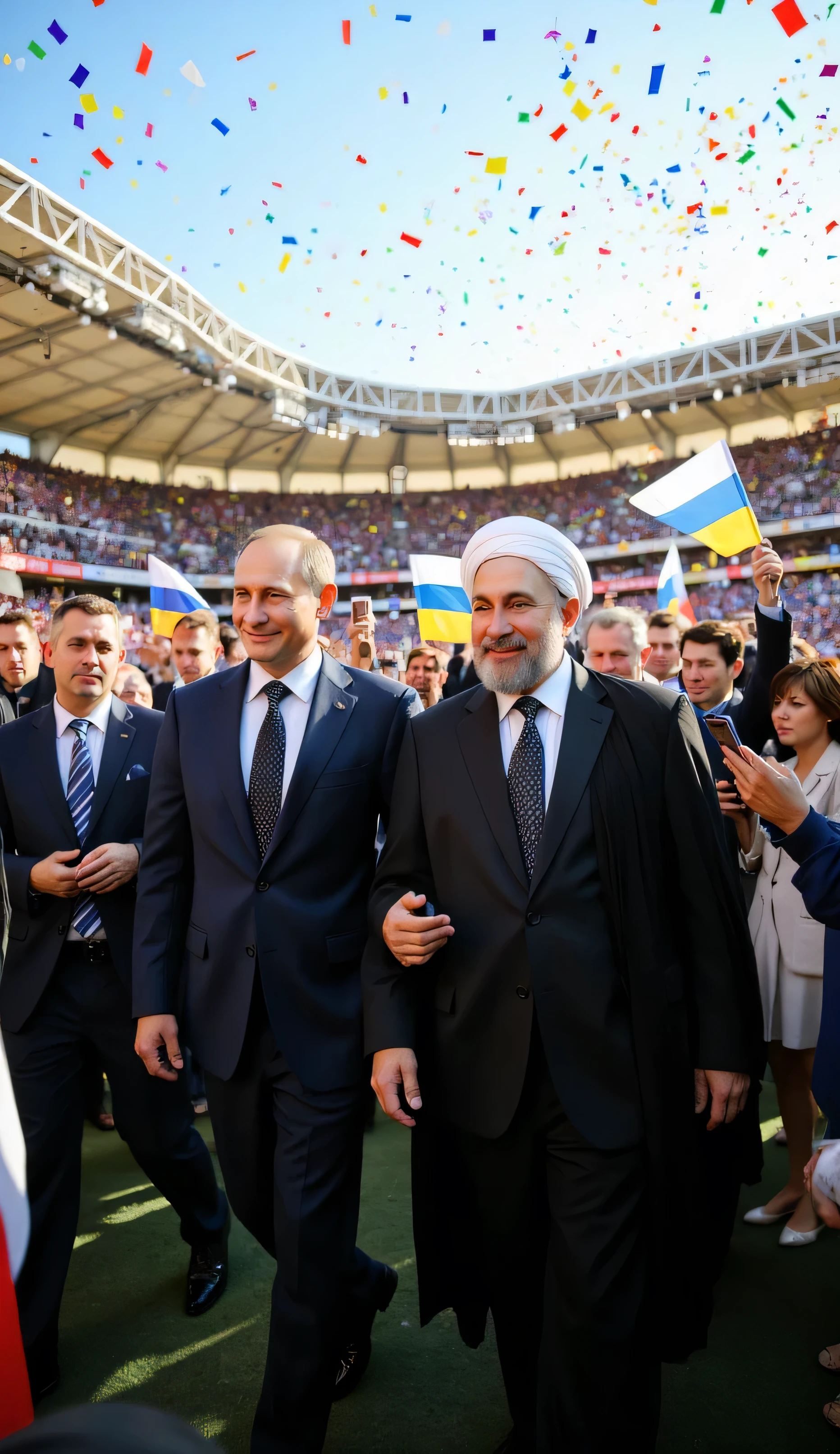 "Ultra-realistic, wide-angle shot of Vladimir Putin and Ali Khamenei walking side by side in a brightly lit football stadium, both smiling warmly at each other, wearing formal suits, surrounded by cheering crowd waving flags, colorful confetti in the air, people holding phones recording, sunny afternoon light, crisp focus, vibrant colors, high detail, 8K resolution"