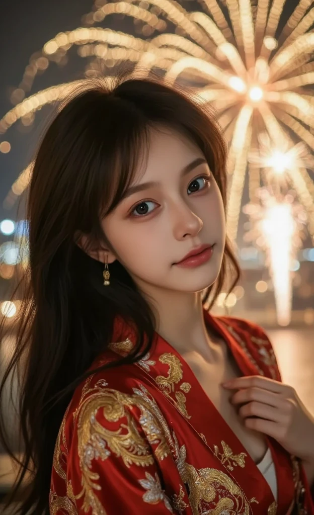 ((((8k))),((Extremely meticulous CG)) ,(wallpaper),16k,((Extremely refined and beautiful)),(((Masterpiece))),(((best qualtiy))),(((Ultra High Resolution))),beautiful light up,Perfect lightning,realistic shaded,[A high resolution],(Smooth and flawless fair skin:1.5),(pale skin:1.3),Extremely exquisite  details,(perfect body:1.1),ultra-detailed,A beautiful girl,solo,(small head:1.2),(short ponytail:1.1),(small face:1.2),Exquisite makeup,(flat chests:1.2),((slim,thin)),happy,(laughing:1.2),(fur collar:1.2),(Gorgeous Exquisitely embroidered fur edged red hanfu:1.5),(red hakama:1.2),(night scene:1.3),(a bright full moon in the sky:1.5),(outdoor:1.2),(On the street:1.3),(In ancient Chinese town:1.3),(ablaze with lights:1.3),(buildings:1.3),(lanterns:1.2),(detailed background:1.5),(standing:1.3),(upper body:1.3),(from front:1.3),(surrounded by crowded crowds:1.5),(winter:1.3),(fireworks in the sky:1.3),BREAK,(arms behind back:1.3)