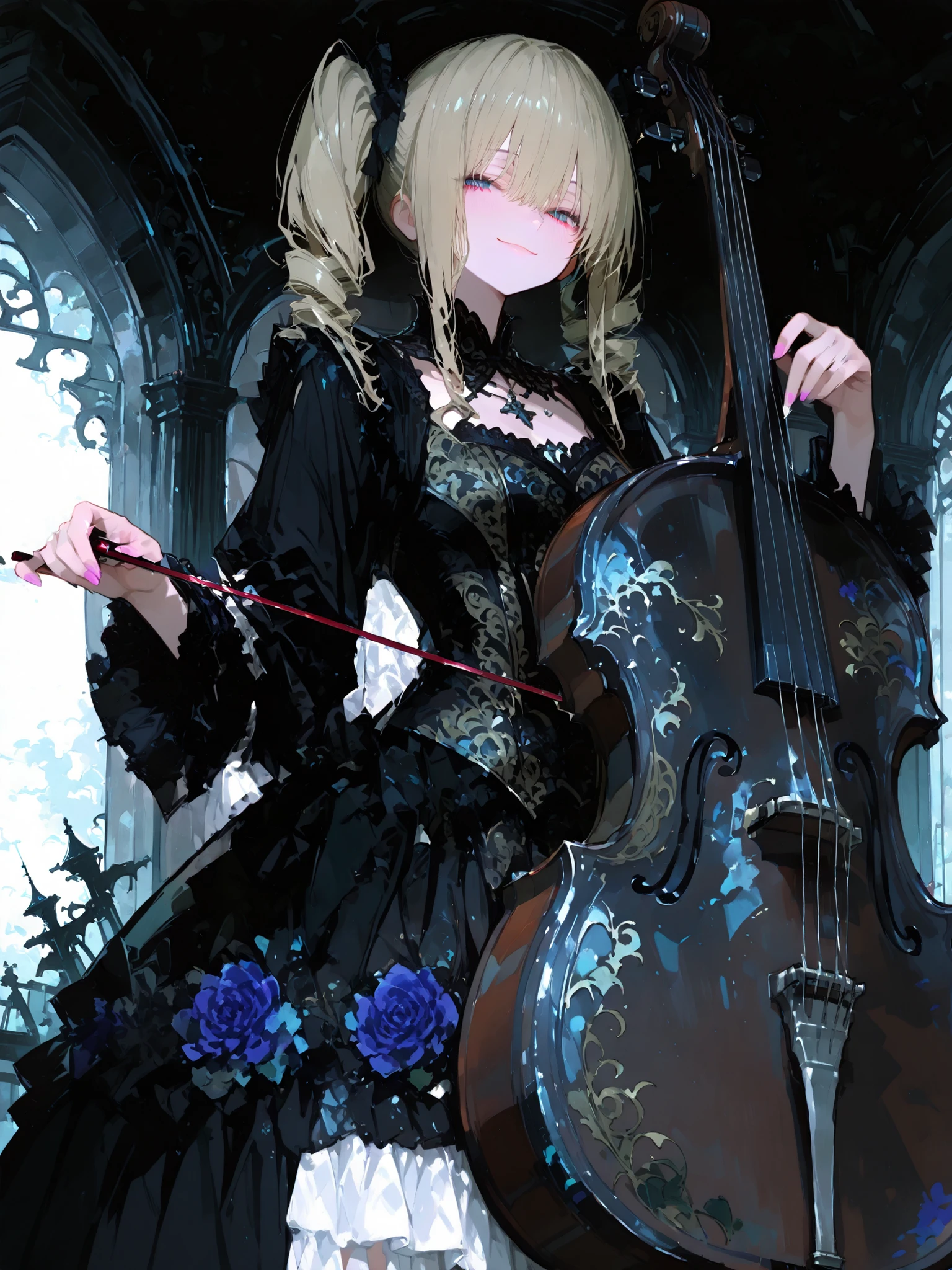 art style,(fantasic [illustration],dark fantasy),masterpiece, Highest Quality, high quality, [illustration], Highly detailed, Newest, That's ridiculous,high resolution,4K,
break holding bow with stringed instrument bow
Girl play instruments, Drill Hair,twin drills, smile, cello, 弦楽器の弓を持つ,floral pattern,