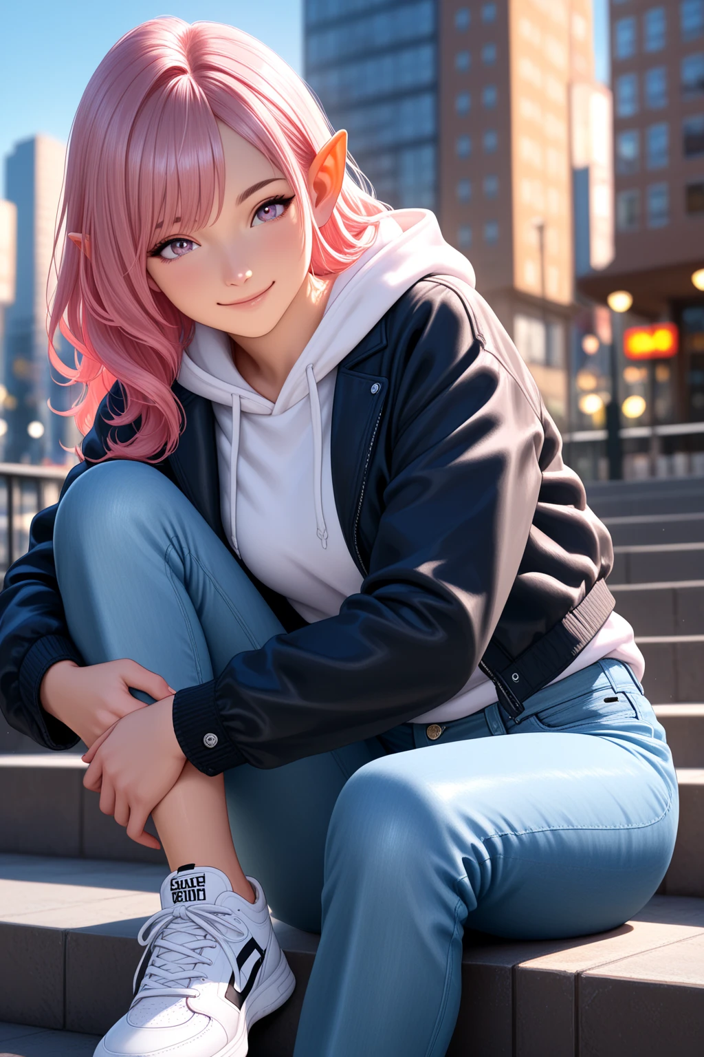 Masterpiece, Best quality, Photorealistic, Outdoors, Beautiful lighting, Cinematic lighting, wall, Simple background, Cafe, street, day, Sunlight, in public, crowd
and Yae Miko, Pink hair, Pink eyes, teasing, Smug, fake smile, headtilt, kneesup, view the viewer, Glossy glossy skin, Pose, Contrapposto, , Jeans, Pants, Long pants, Denim, navel, midriff, nose blush, necklace, (Sneakers:1.2)
And Raiden General, Purple hair, Purple eyes, Serious, Blush, view the viewer, Single braid, shirt, Long hair, Crossed legs, Glossy glossy skin, Pose, crouched, , Jeans, Pants, Long pants, Denim, Smile, necklace,(Sneakers:1.2),