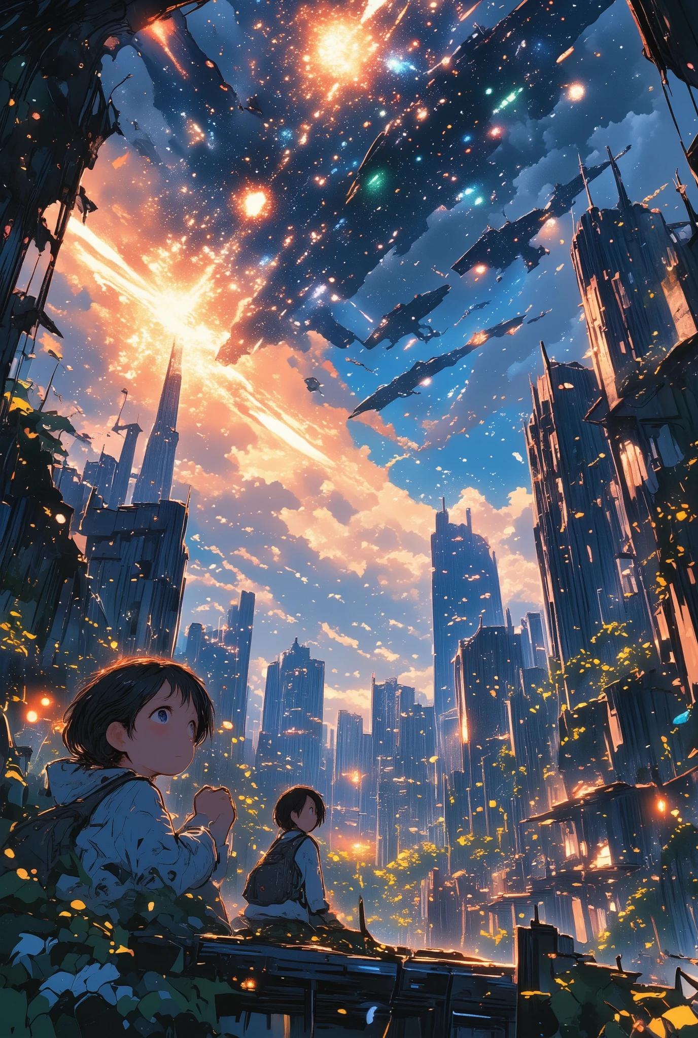 The fierce battle of two fleets of spaceships in the atmosphere looks like a beautiful fireworks display for children hiding in the overgrown ruins of a megalopolis