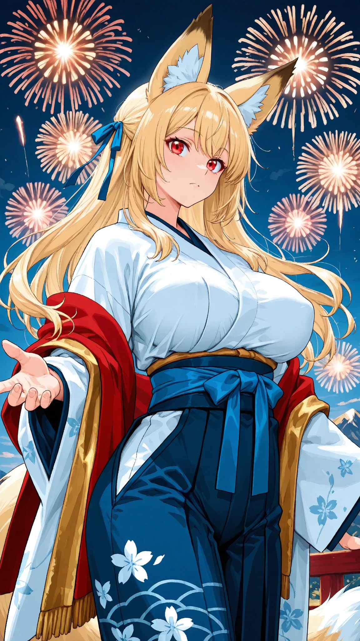 8K (high resolution) (Super Detailed) (masterpiece) (Highest Quality) anime illustration detailed eyes detailed face Delicate hair detailed wrinkles on clothes very elaborate body standing on God's mountain fine skin healthy skin tone with ro in the background solo (fox ears) Blonde (Red eye) small blue ribbon (big boobs) kind expression white kimono black inner Wrap a stole looks up at the sky reaching for the sky Night Sky Big fireworks A number of fireworks dynamic angle