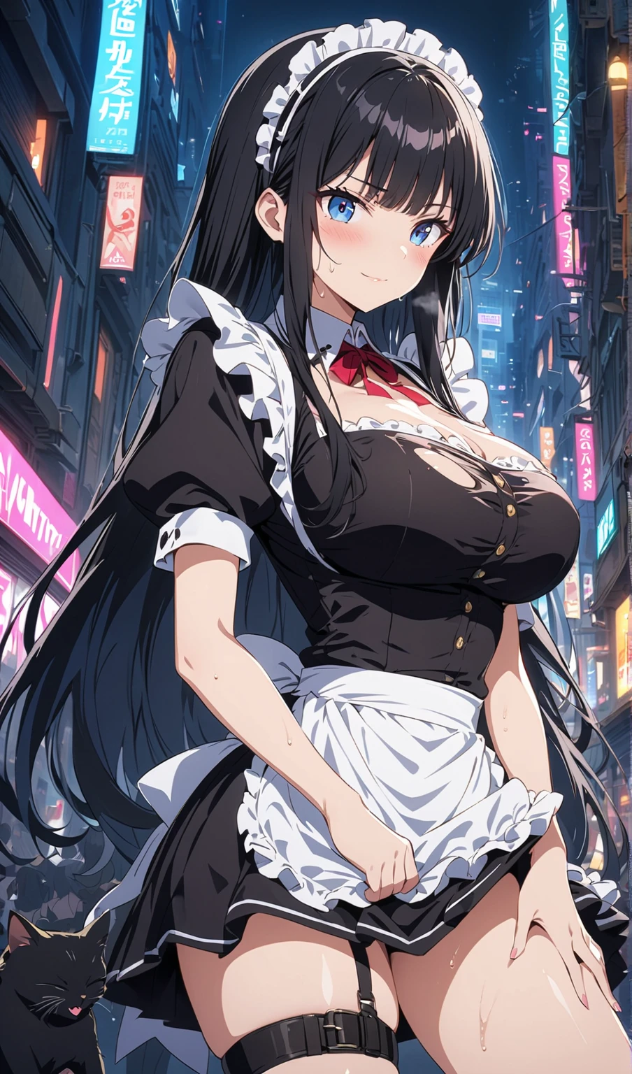 Rivertsukatsuki, River, black hair, (red eyes:1.5), hair ornament, hairclip, Halation, long hair,
、Extremely large breasts(7200)、、I can see your chest、Nipples are visible、Off-the-shoulder maid uniform、Black frill mini dress、Front facing、
