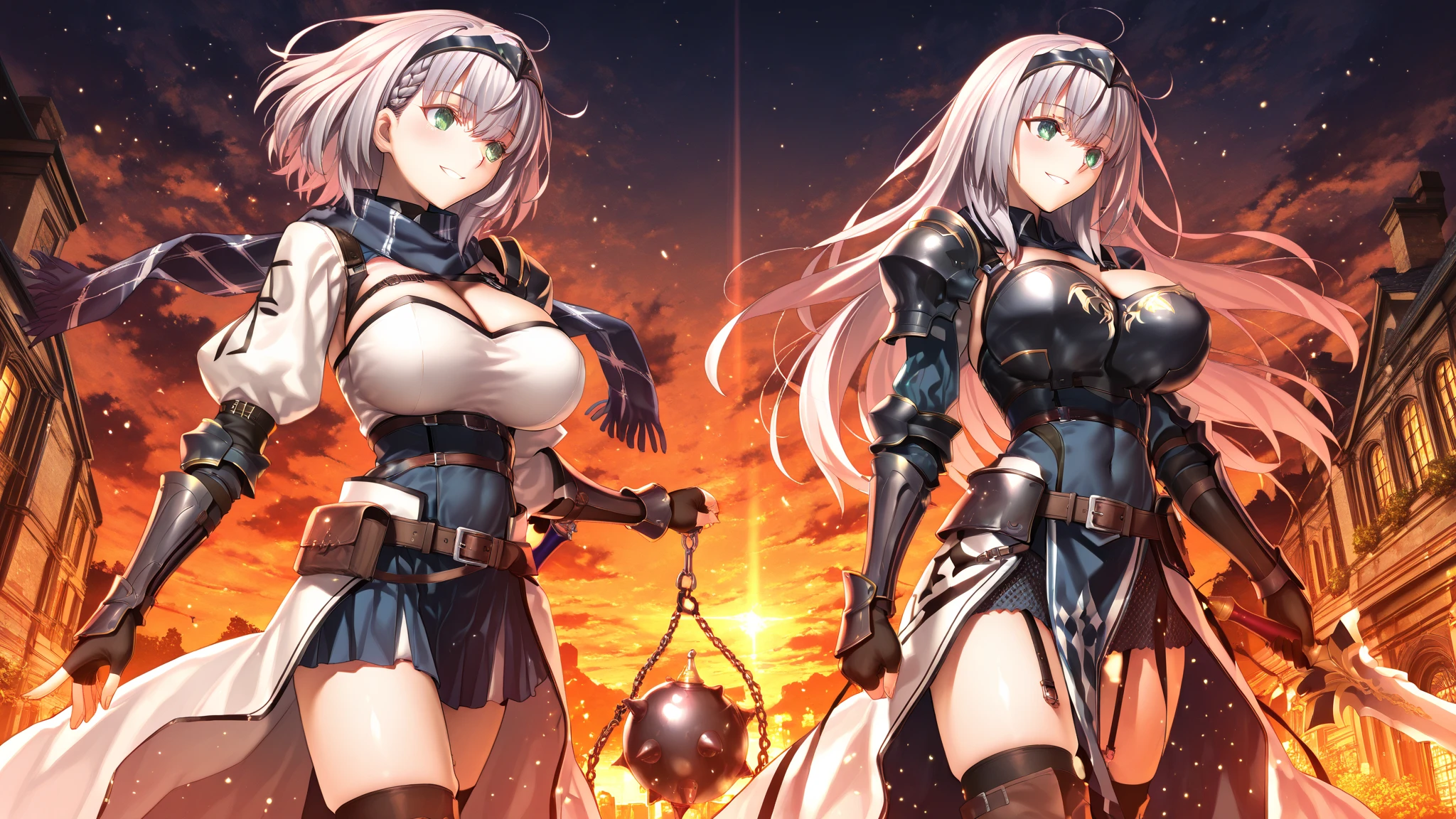 (((From below))),two women with different hair colors,4K, 8K, hight resolution, masutepiece:1.2), Ultra-detailed, (Realistic, Photorealsiticです, Photorealsitic:1.37), Mature Woman,  Quiet Woman, notre dame,mothers,Extremely sexy,Inside a luxurious castle,masutepiece, Highest Quality, Ultra-fine,max resolution, Extremely detailed, ((Two female knights are standing,valkyrie style armor,thigh-high socks,White panties,a miniskirt)),cleavage of the breast,happily face, Open mouth,Standing,cowboy  shot,Seductive thighs,Skirt flipping in strong wind,Shy,equipped with a sword on one side&#39;das boot,