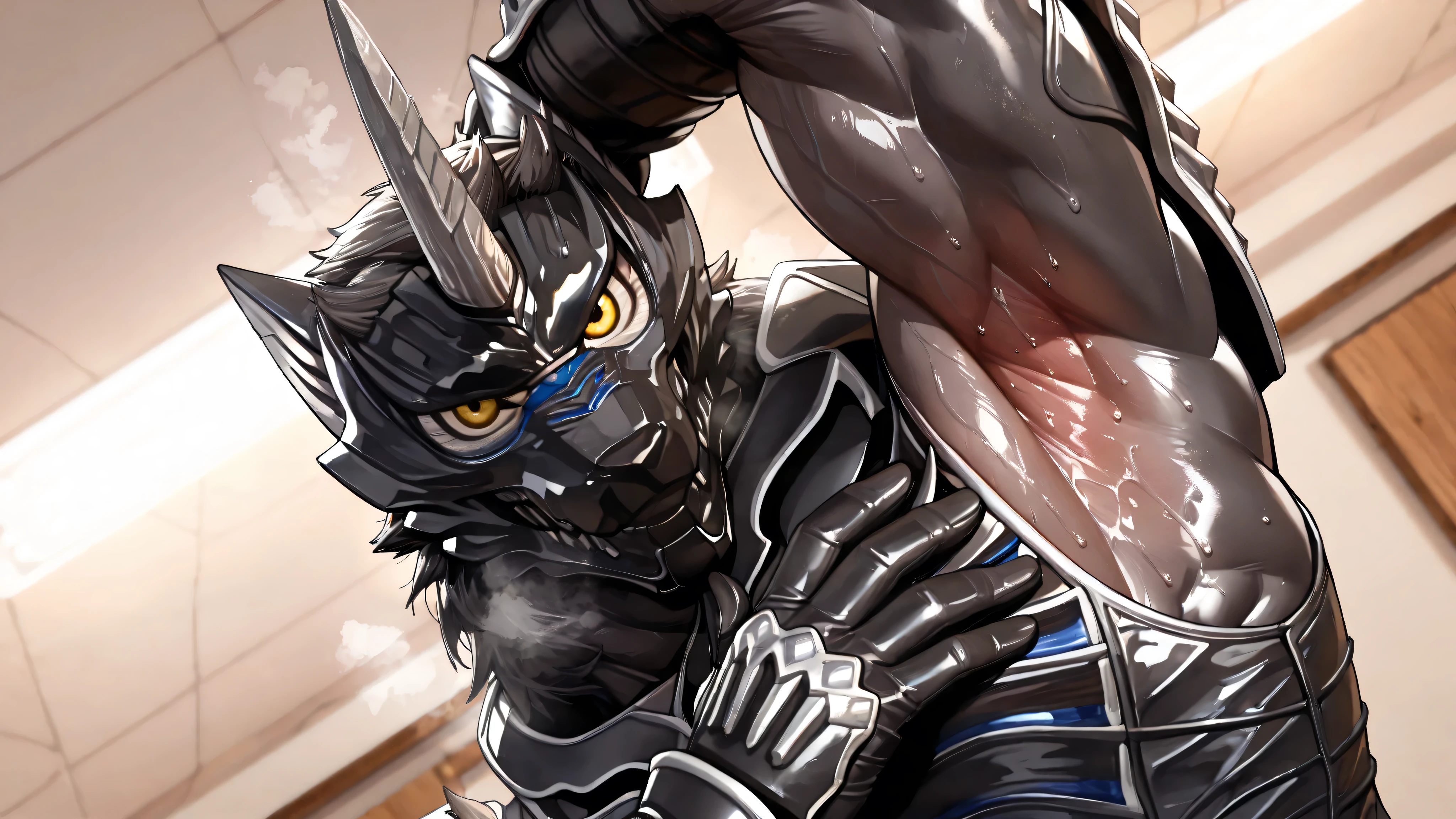 (Zen Aku), Power Rangers Wildforce, wolf, armor, (black body, manly, masculine, mature, muscular, defined muscles, bara), monster male, no human, close up, looking at viewer, BREAK, presenting armpit, spread armpit, presenting five fingers, armpit, arm up, armpit, lay hand on own armpit, close-up, (armpit close up, Sticky sweat, dirty armpit), (armpit fetish, sweat all over my body, armpit brown steam:1.3), armpit smell, (sweat:1.1), very arrogant, steaming body, Sticky sweat, very awa, male focus, flexible, (musky atmosphere, steam rising from body, humid air, sweat all over my body:1.3), upper body, looking down, BREAK, (dutch angle), (blurry background), dynamic lighting, rim lighting, BREAK, masterpiece, best quality, official art, detailed, 4K, 8K, realistic, game cg, ultra-detailed, beautiful detailed eyes, very aesthetic, IllusP0s, nsfw, (solo), bkmitastyle, uncensored,