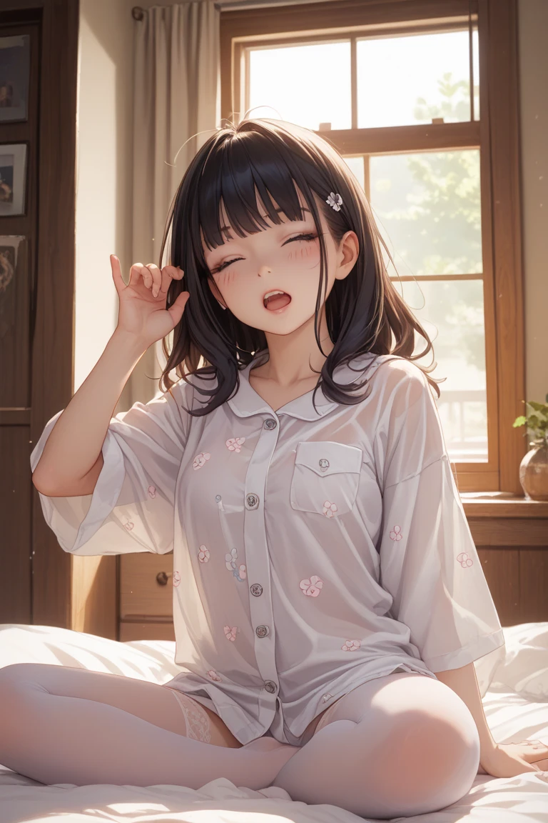 1girl,perfect ,black hair, long hair, (hair over one eye:1.4), messy hair, hair between eyes, chubby, busty breast, cute motif pajama, cute shy blush on , bedroom