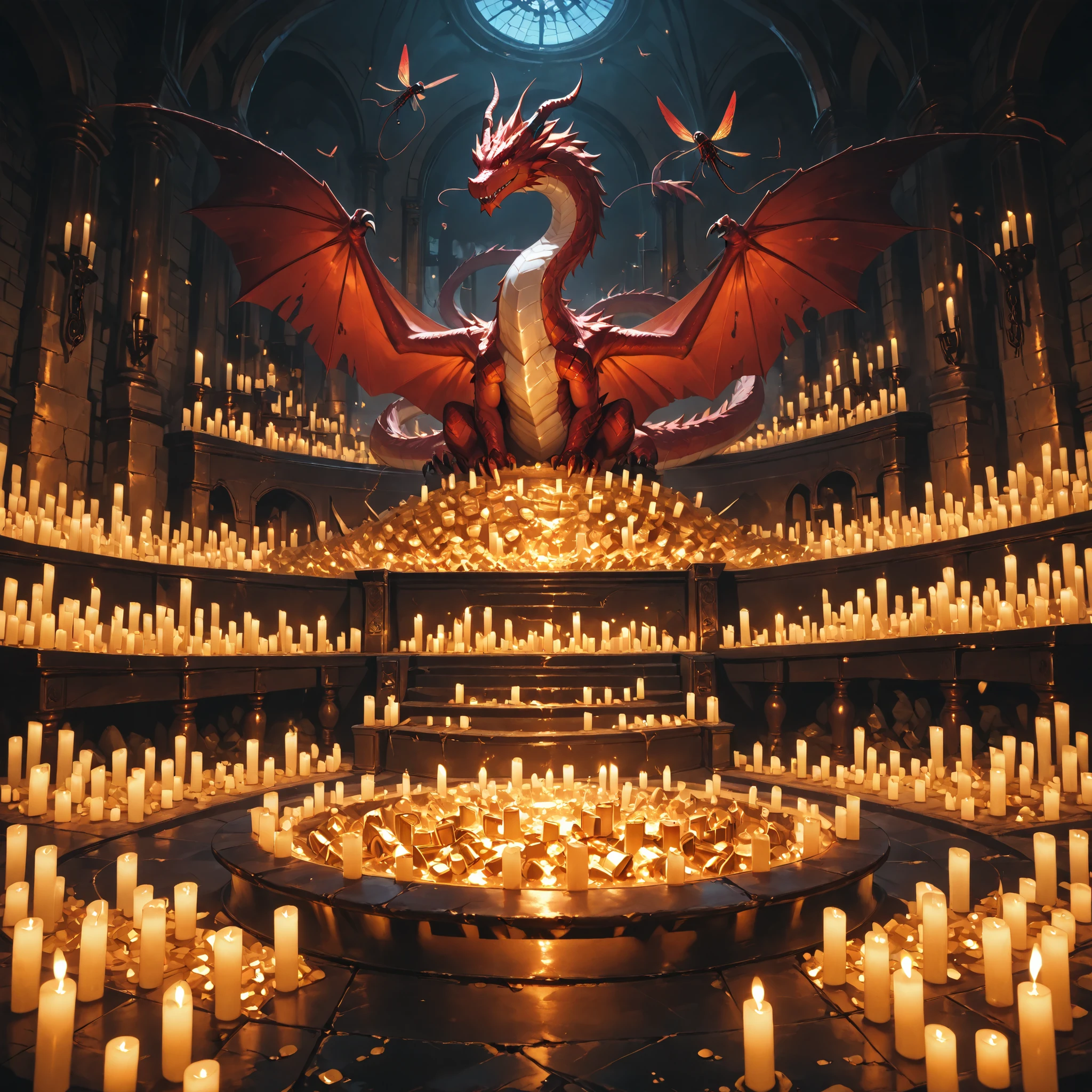 (ultra quality:1.3), masterpiece, (highly detailed), HDR, a lot of candles, dungeon spacious dragon city, unfazed dragon lay on gold pile, dragons fly on background
