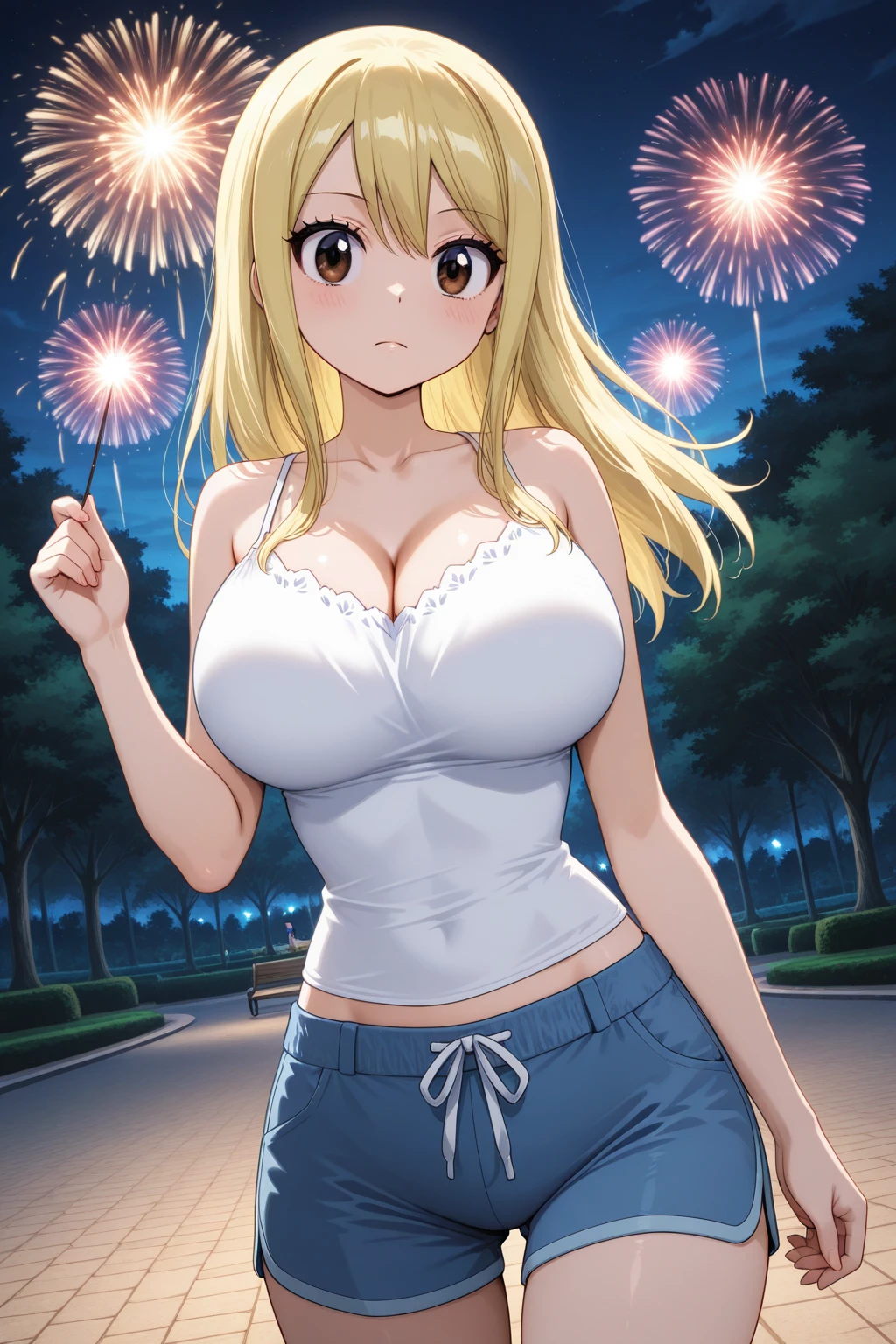 Navel, 1women, solo, ((nude)), ((huge tits)), slim waist, outdoor, night city, ((busty)), blonde hair, green eyes, ponytail hair, smile, white tank top, short pants, open mouth, view at camera, cleavage